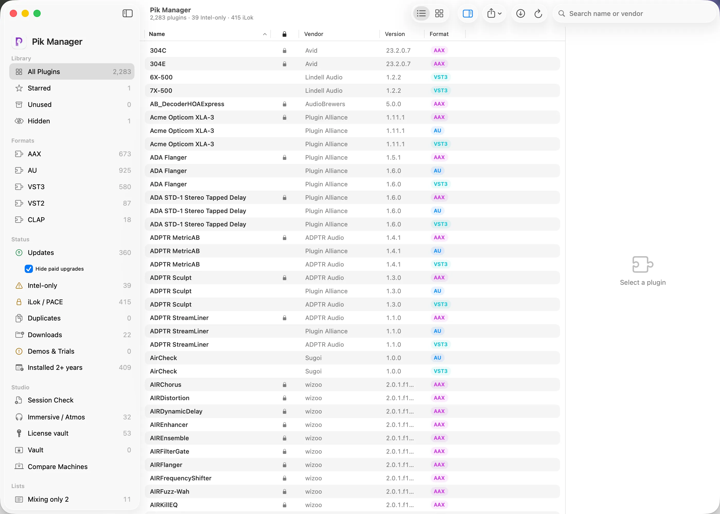 Pik Manager 視窗:側欄統計格式與狀態,可排序的 plugin 表格,右側有細節面板