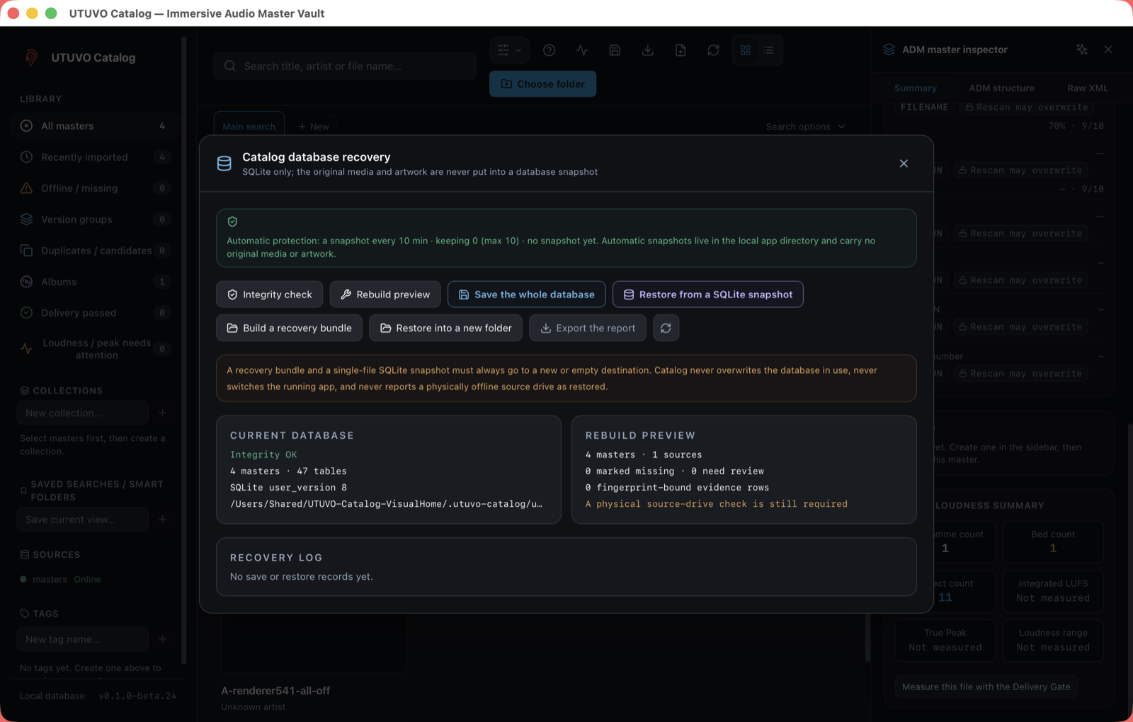 The database and backup section of the settings menu