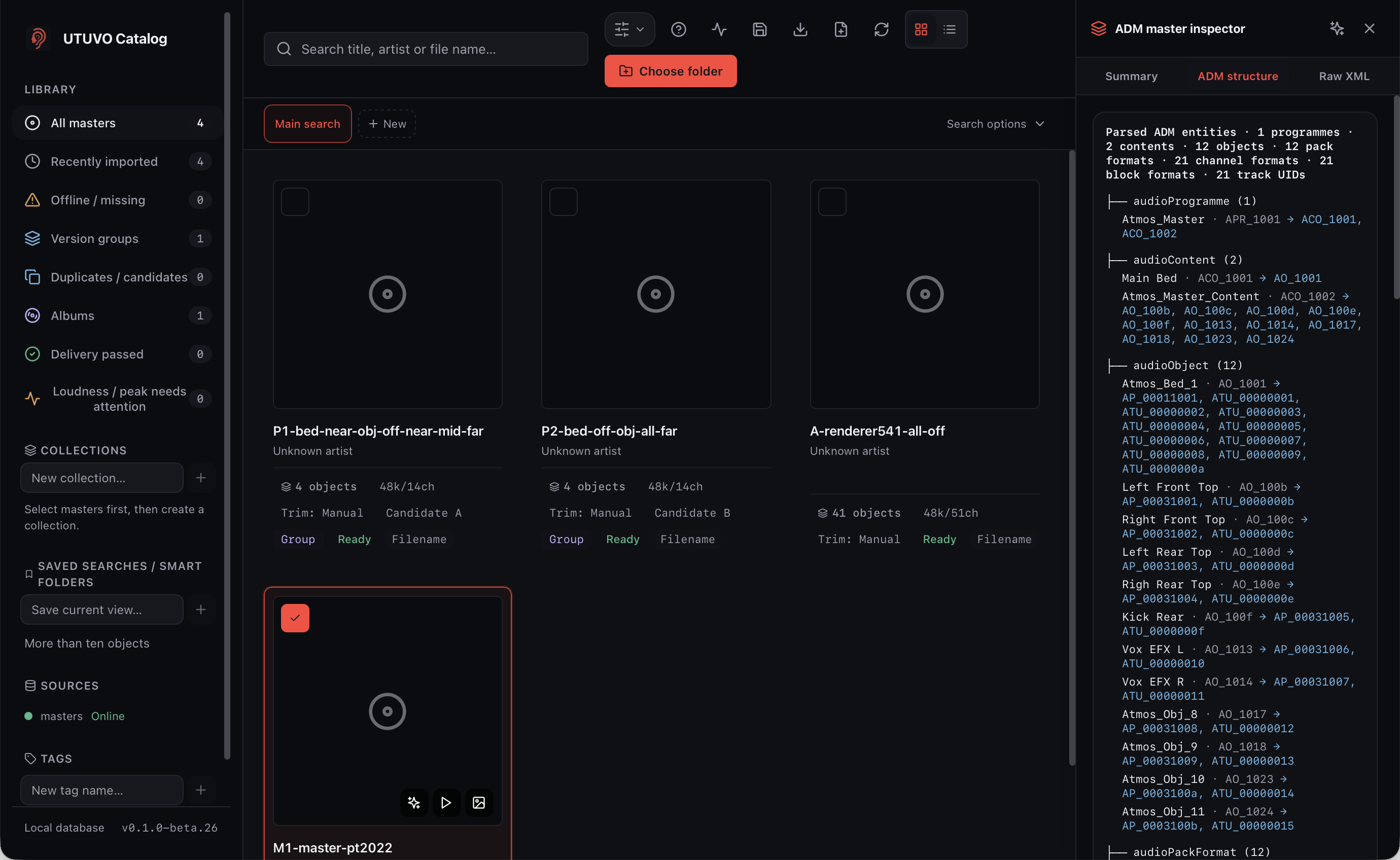 The Inspector shows beds, groups, objects and presentation names; axml stays one tab away.