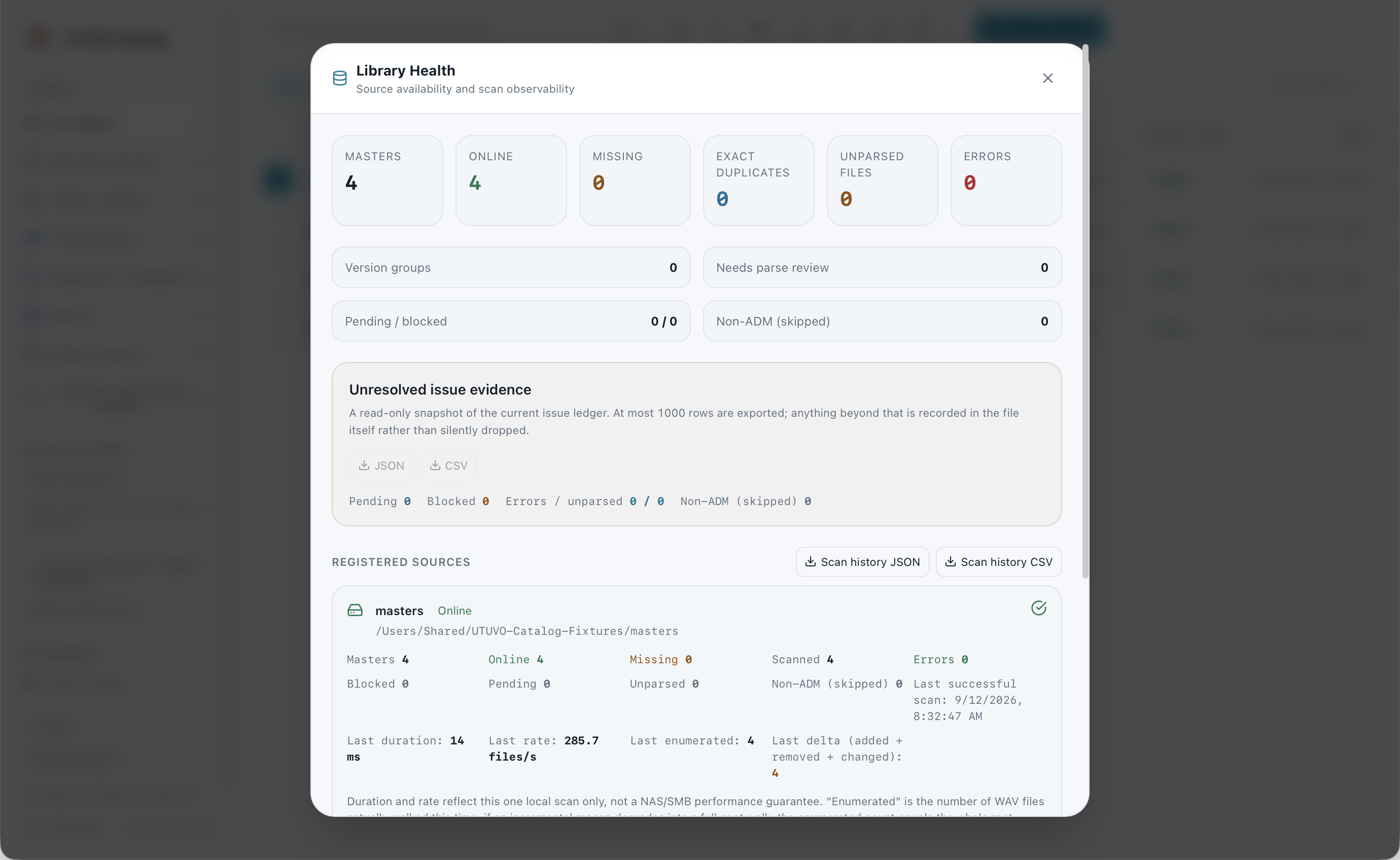 Choose a folder from a mounted drive, grant access, and read Library Health counts.