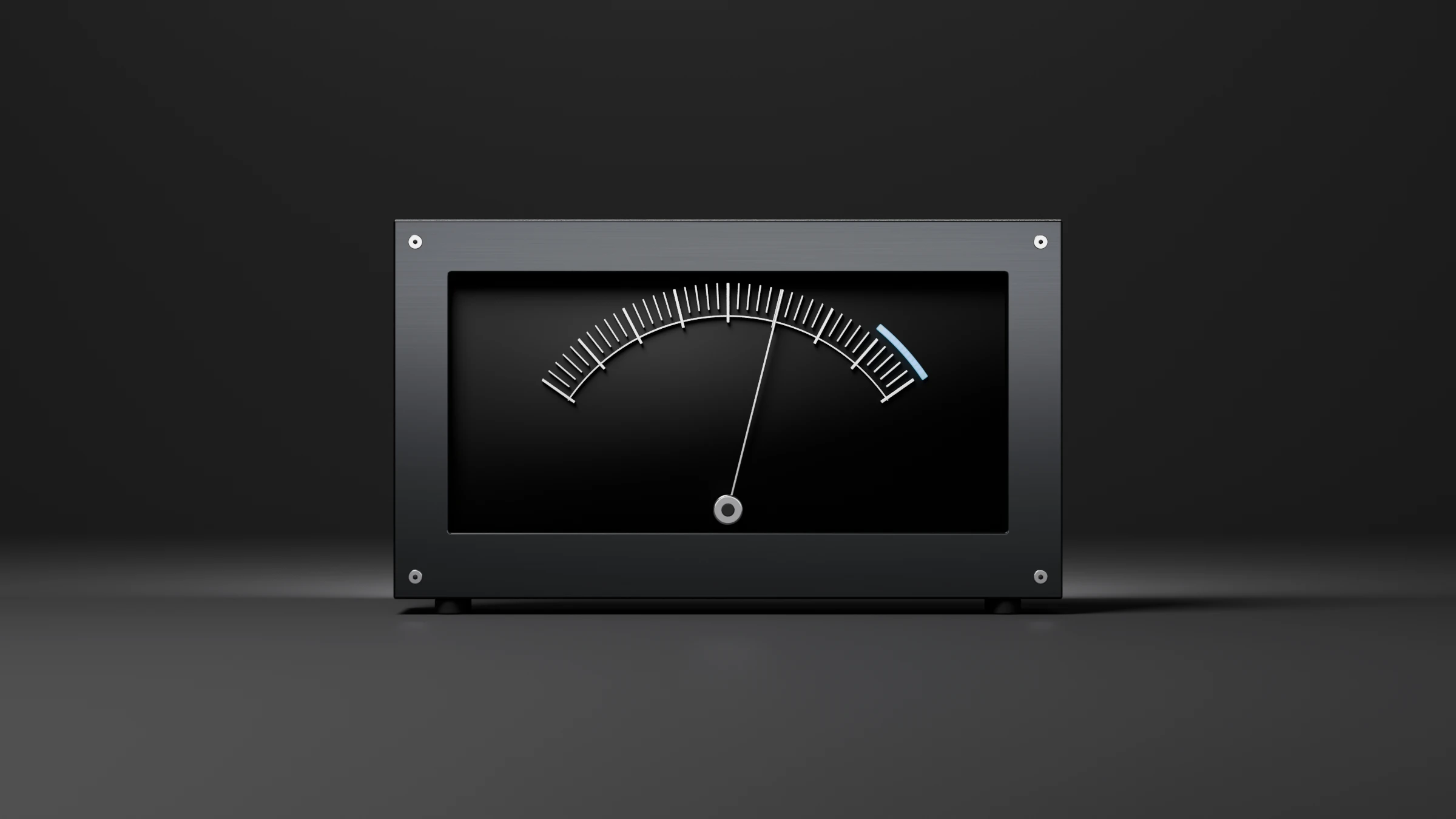 A machined front panel with a needle meter: an arc of aluminium ticks and a blue over-range zone.