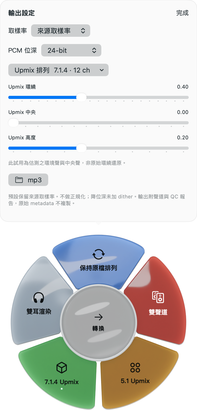 Advanced panel for a 7.1.4 Upmix: layout menu and the surround, centre and height sliders.
