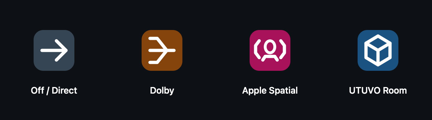 UTUVO Monitor renderer mode icons: Off / pass-through, Dolby, Apple Spatial, UTUVO Room