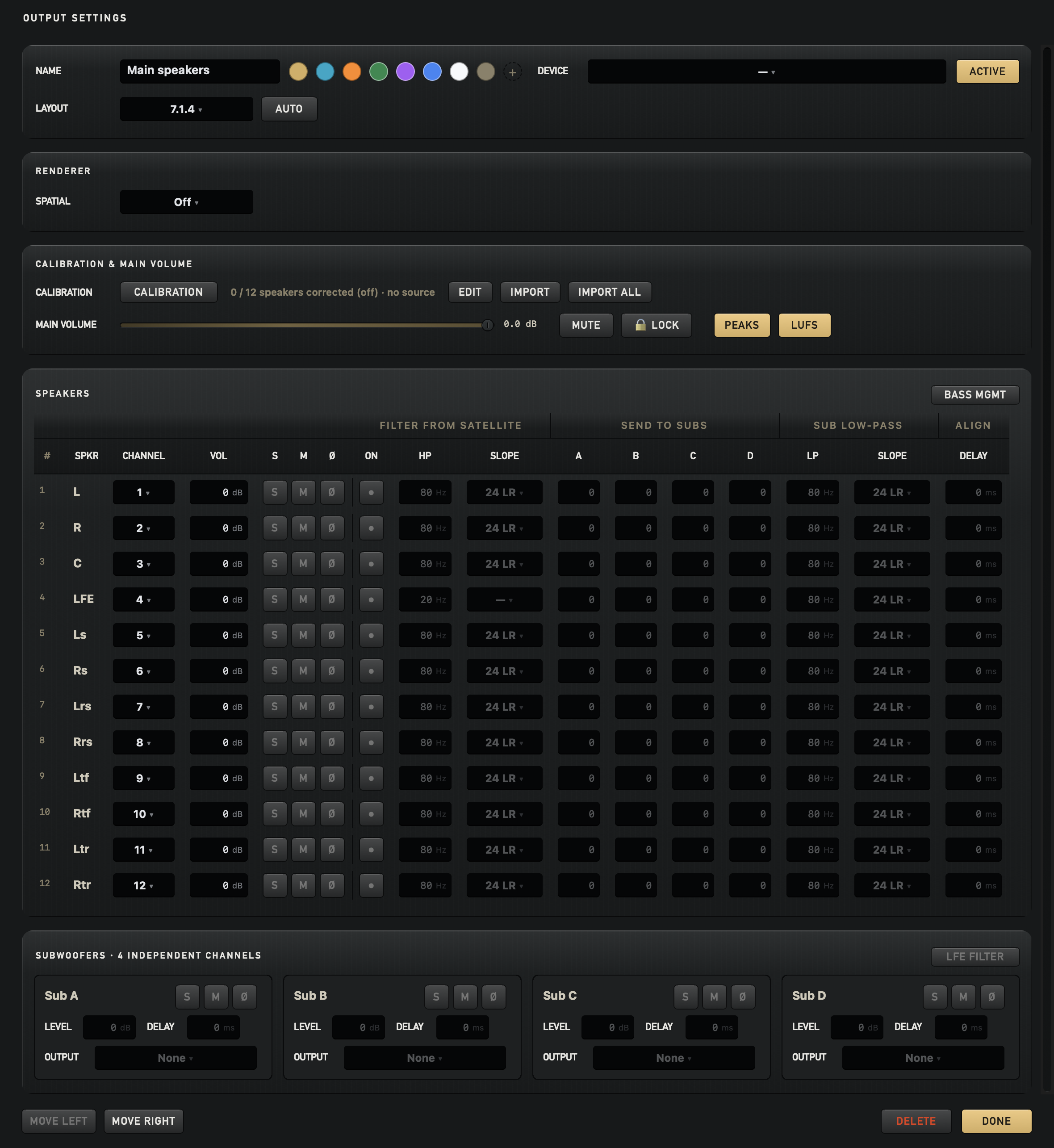 UTUVO Monitor Output Settings showing per-channel level, delay, bass management, calibration and rendering options