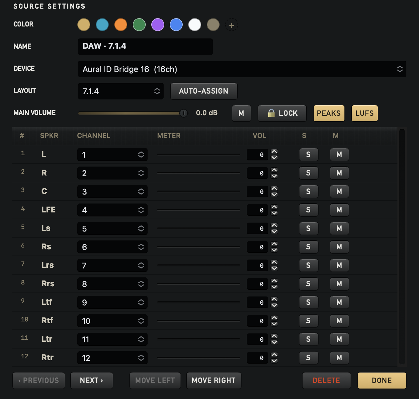 UTUVO Monitor Source Settings view with one source expanded, showing its device, channel map and Cue Send