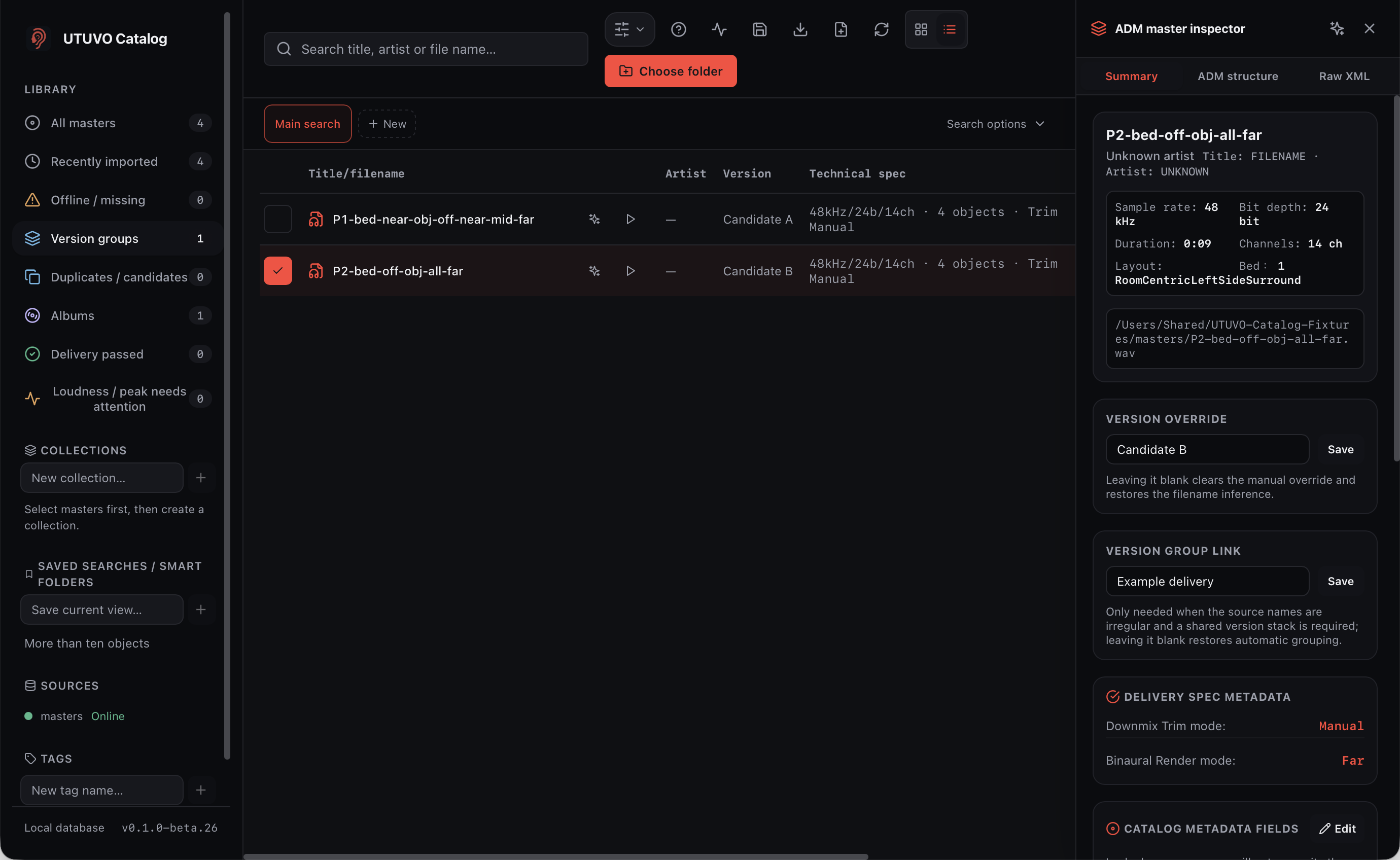 Catalog version group showing several exports of one piece of music.
