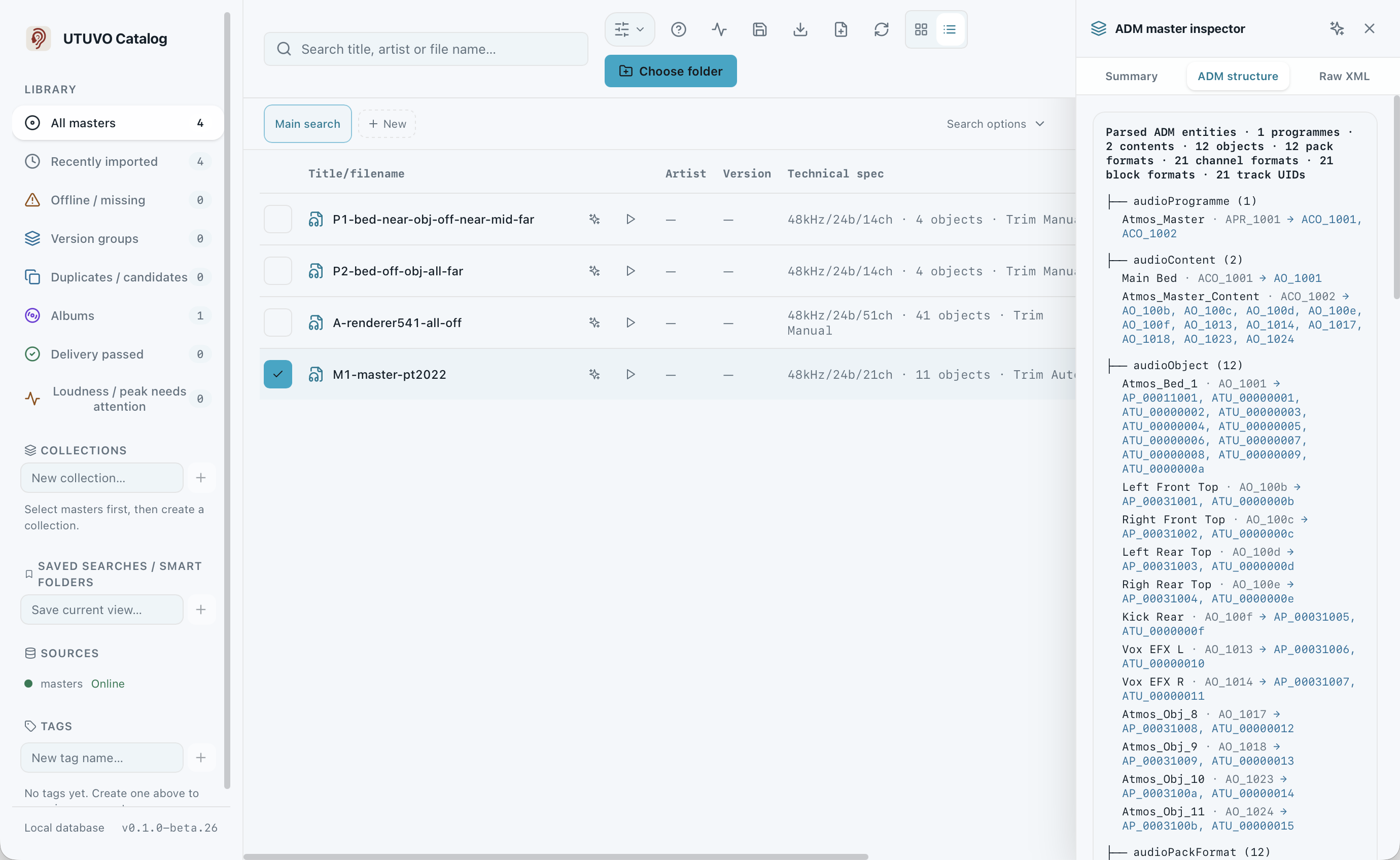 Catalog ADM structure tab showing the object tree of an Atmos ADM master.