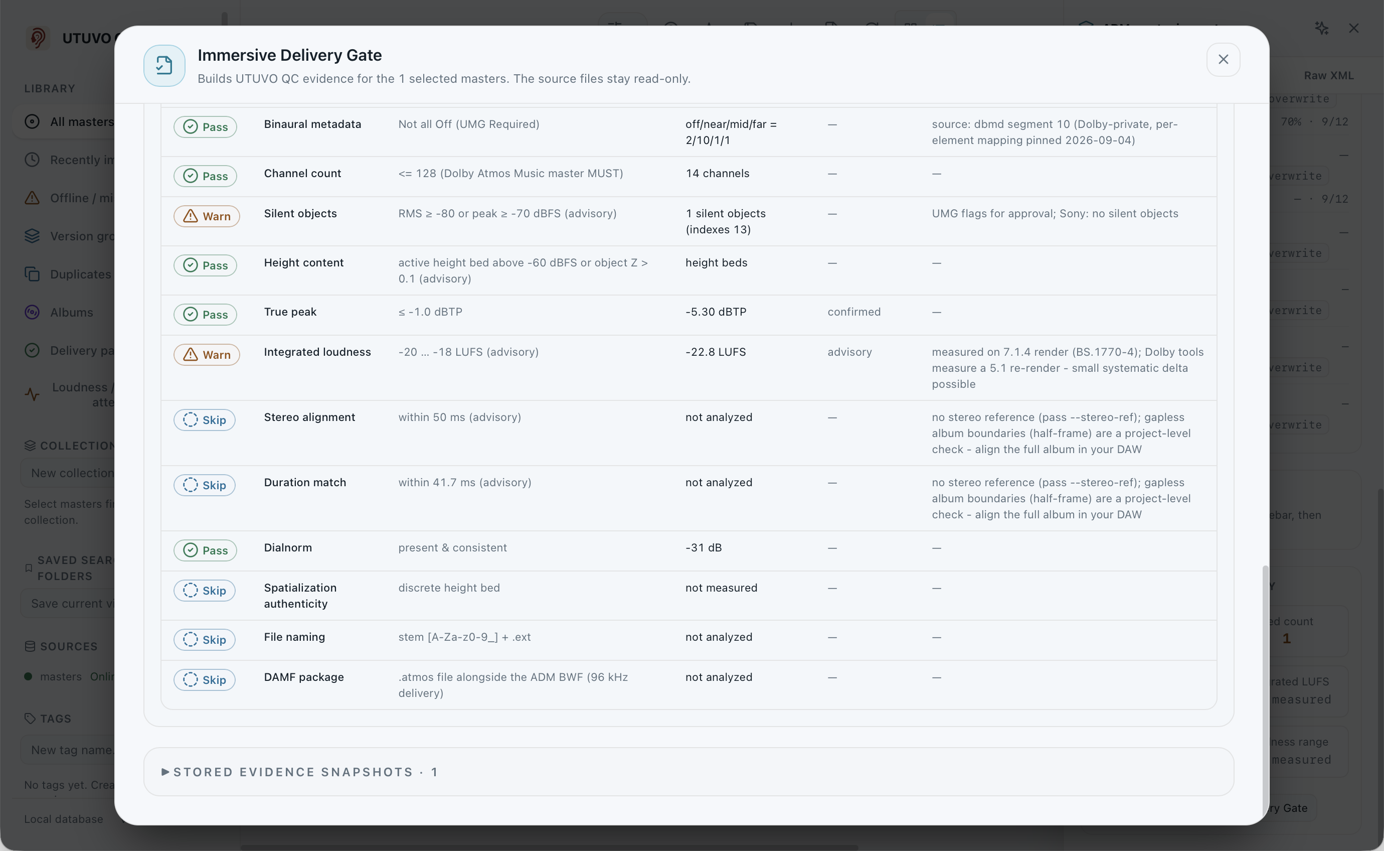 Catalog Delivery Gate panel listing Pass, Warn and Fail rows for a profile run.