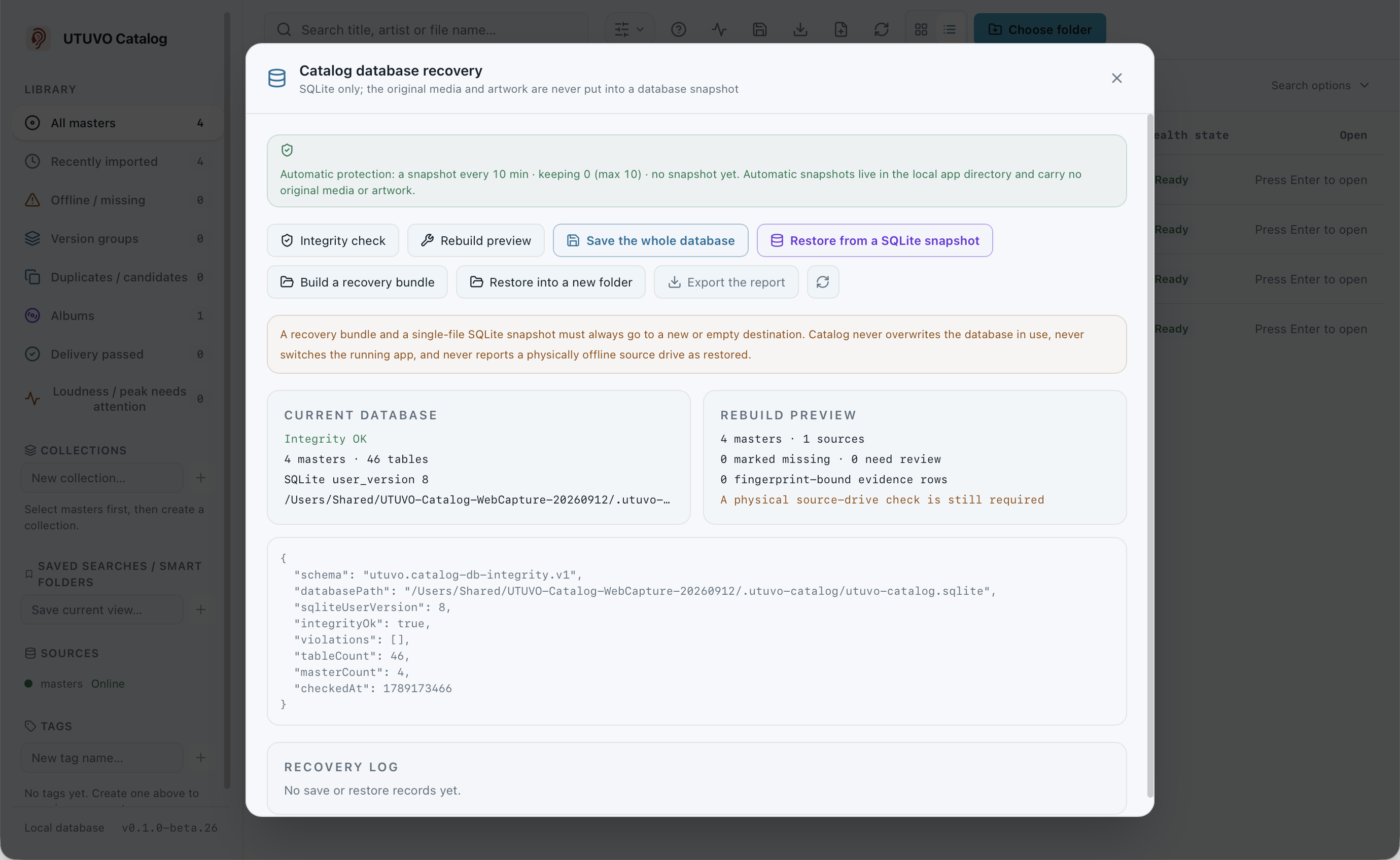 Catalog Database recovery panel showing the latest snapshot and the manual safety net.