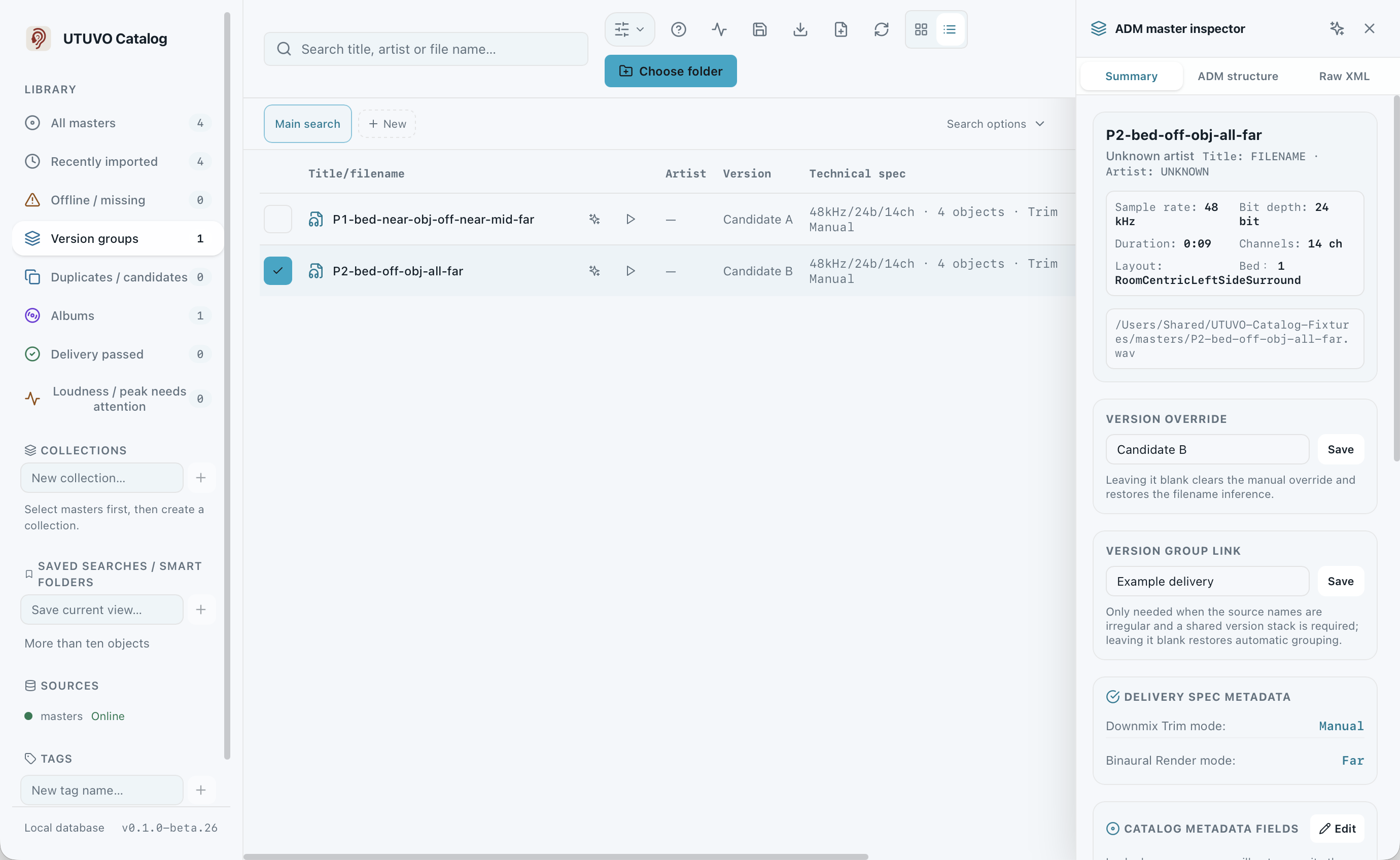 Catalog version group showing several exports of one piece of music.