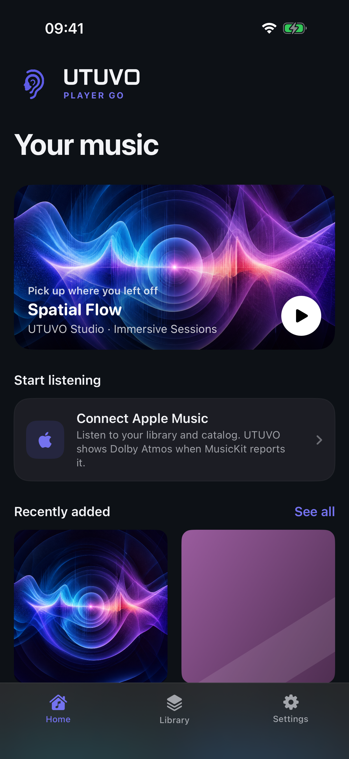 UTUVO Player Go home screen in UTUVO Dark