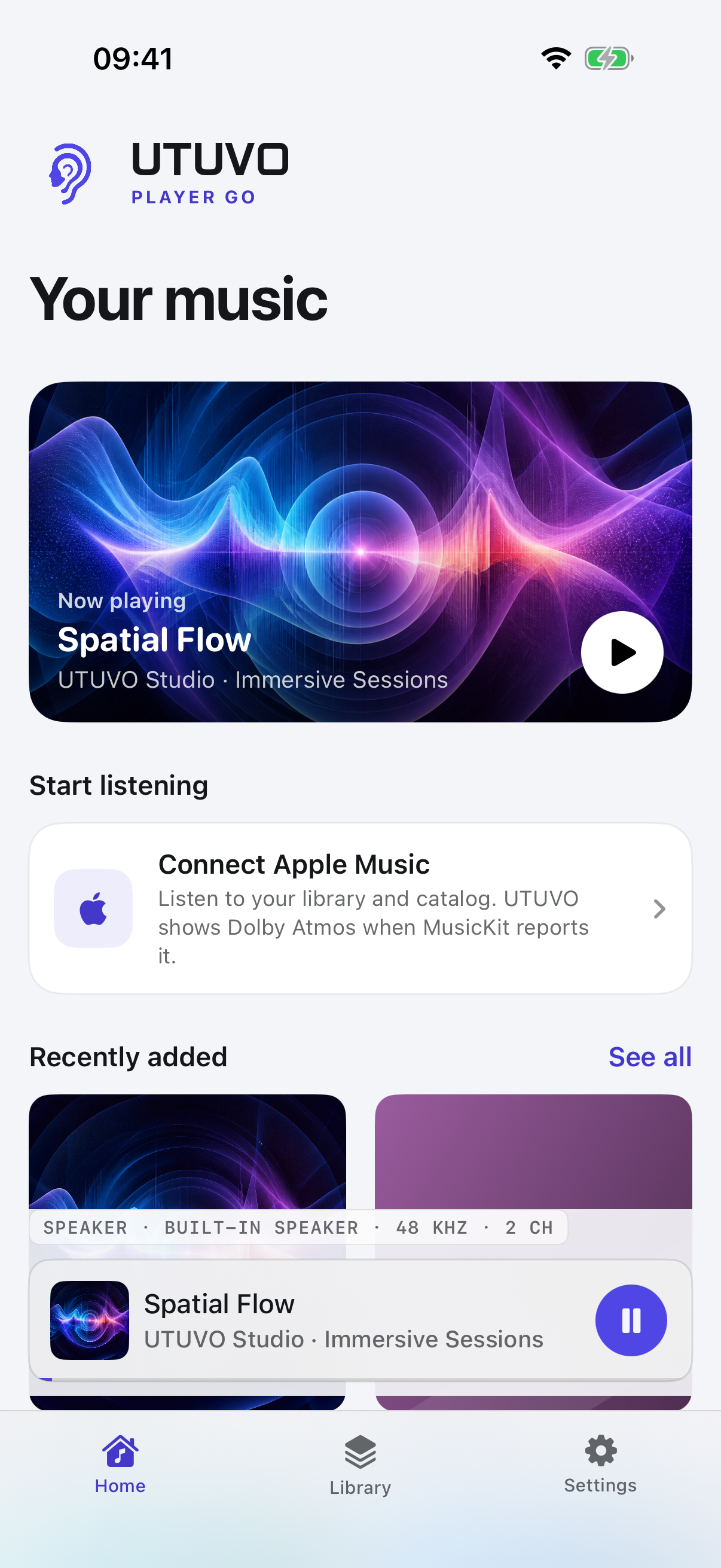 UTUVO Player Go playing with the evidence chip showing speaker, sample rate and channel count