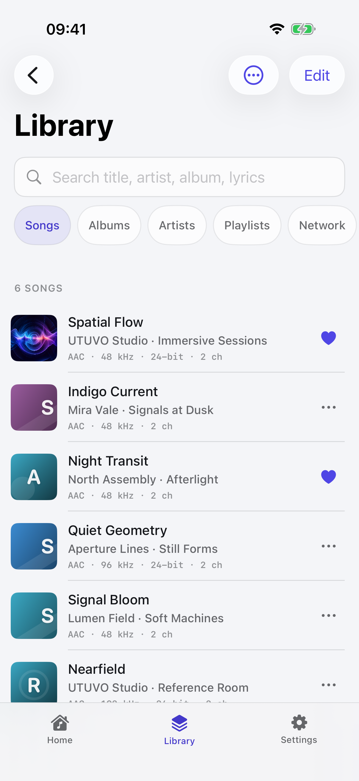 UTUVO Player Go library: search by title, artist, album or lyrics; Network pill; codec badges per row