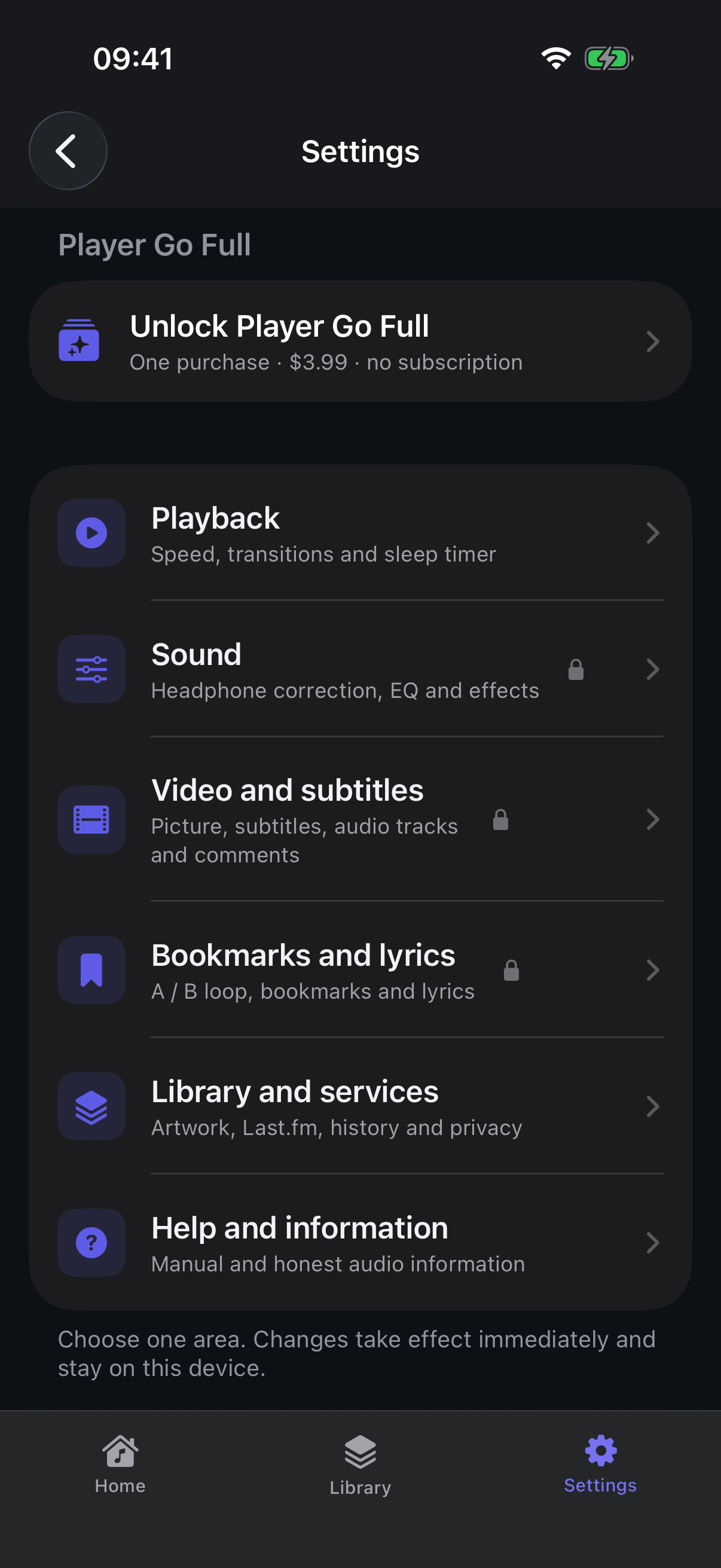 UTUVO Player Go Settings in UTUVO Dark, Free state