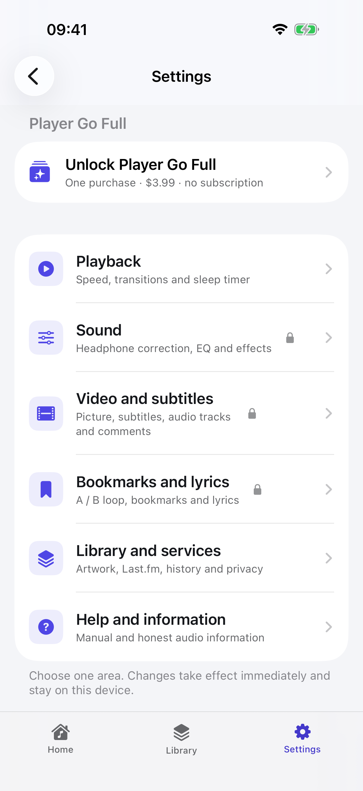 UTUVO Player Go Settings, Free state: Player Go Full locked, one-time purchase, no subscription