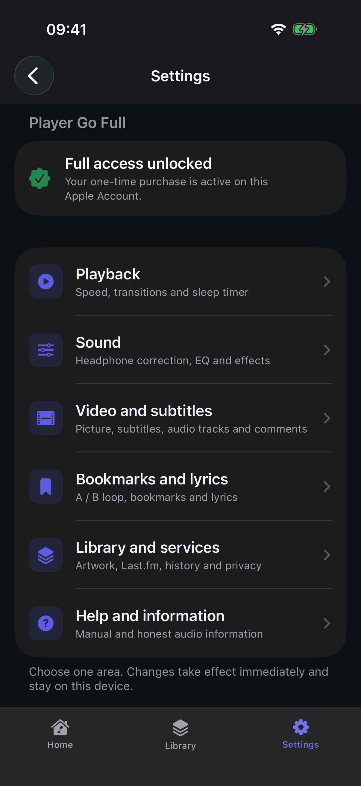 UTUVO Player Go Settings in UTUVO Dark, Full state
