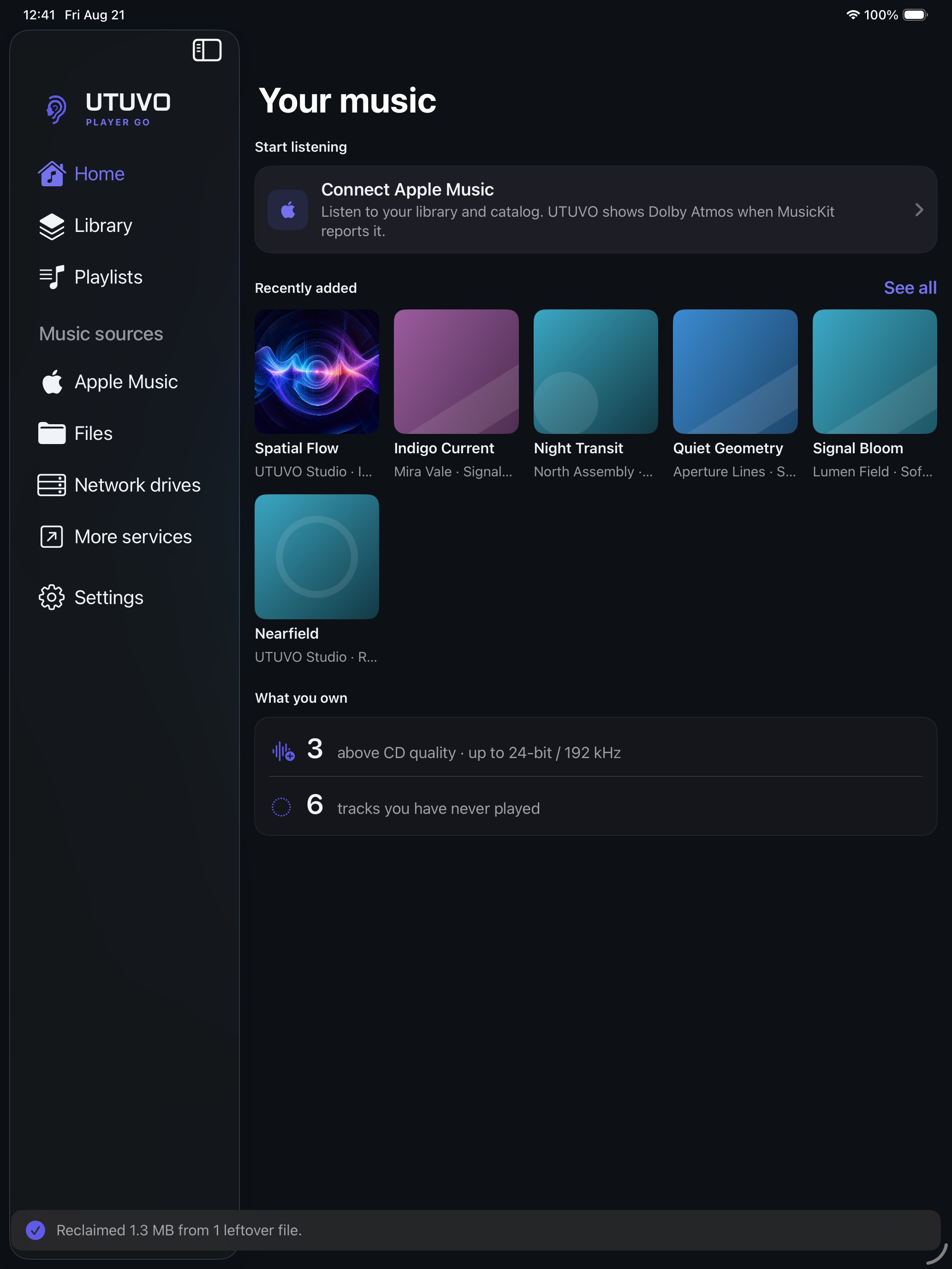 UTUVO Player Go on iPad 13" in UTUVO Light, home view