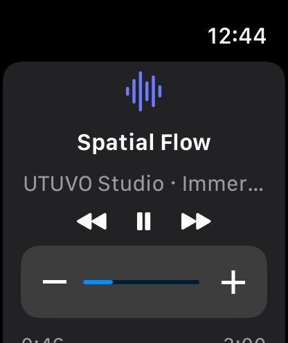 UTUVO Player Go on Apple Watch 46mm showing the Now Playing face in UTUVO Light