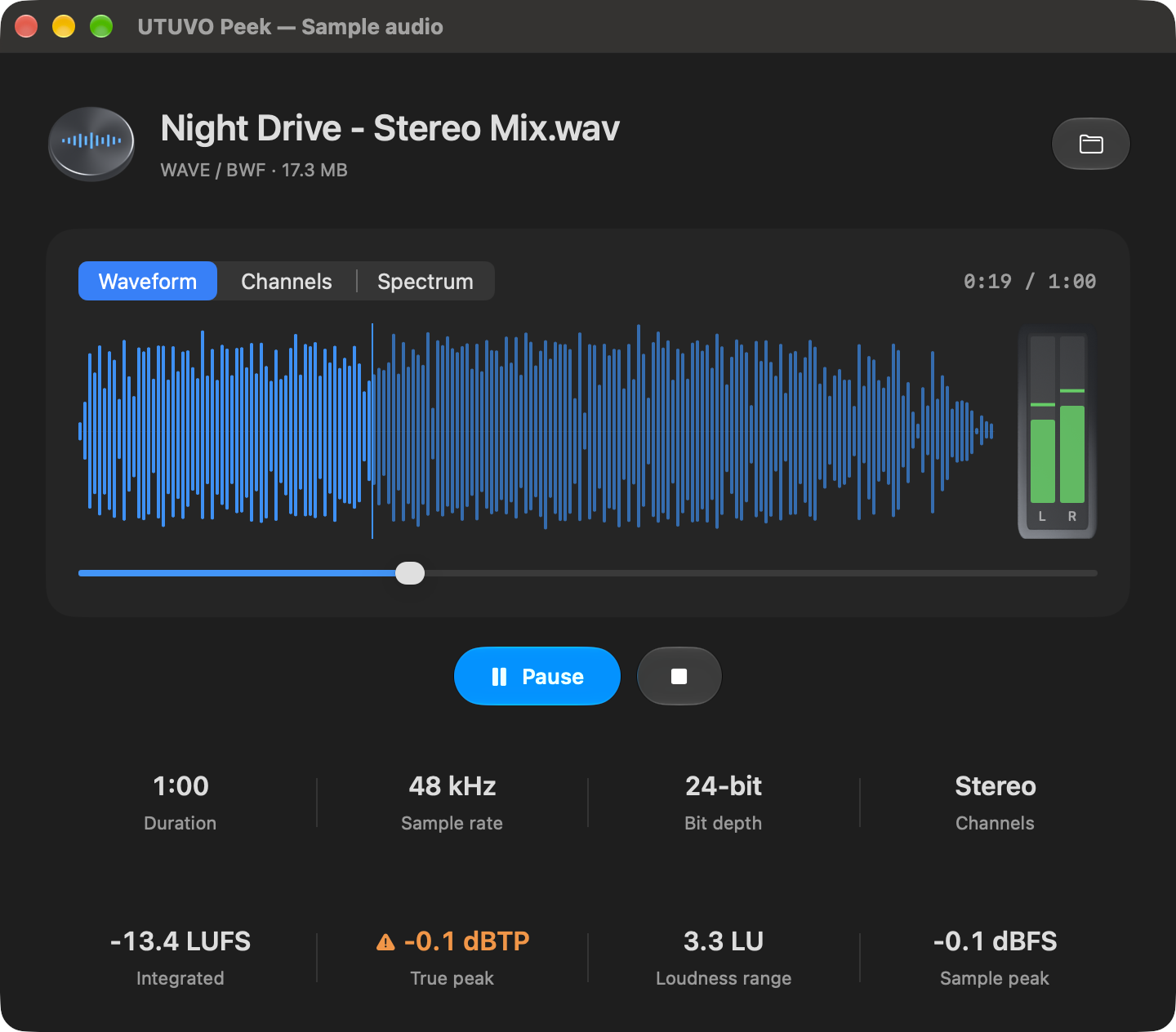 Peek Waveform view of a stereo demo file.
