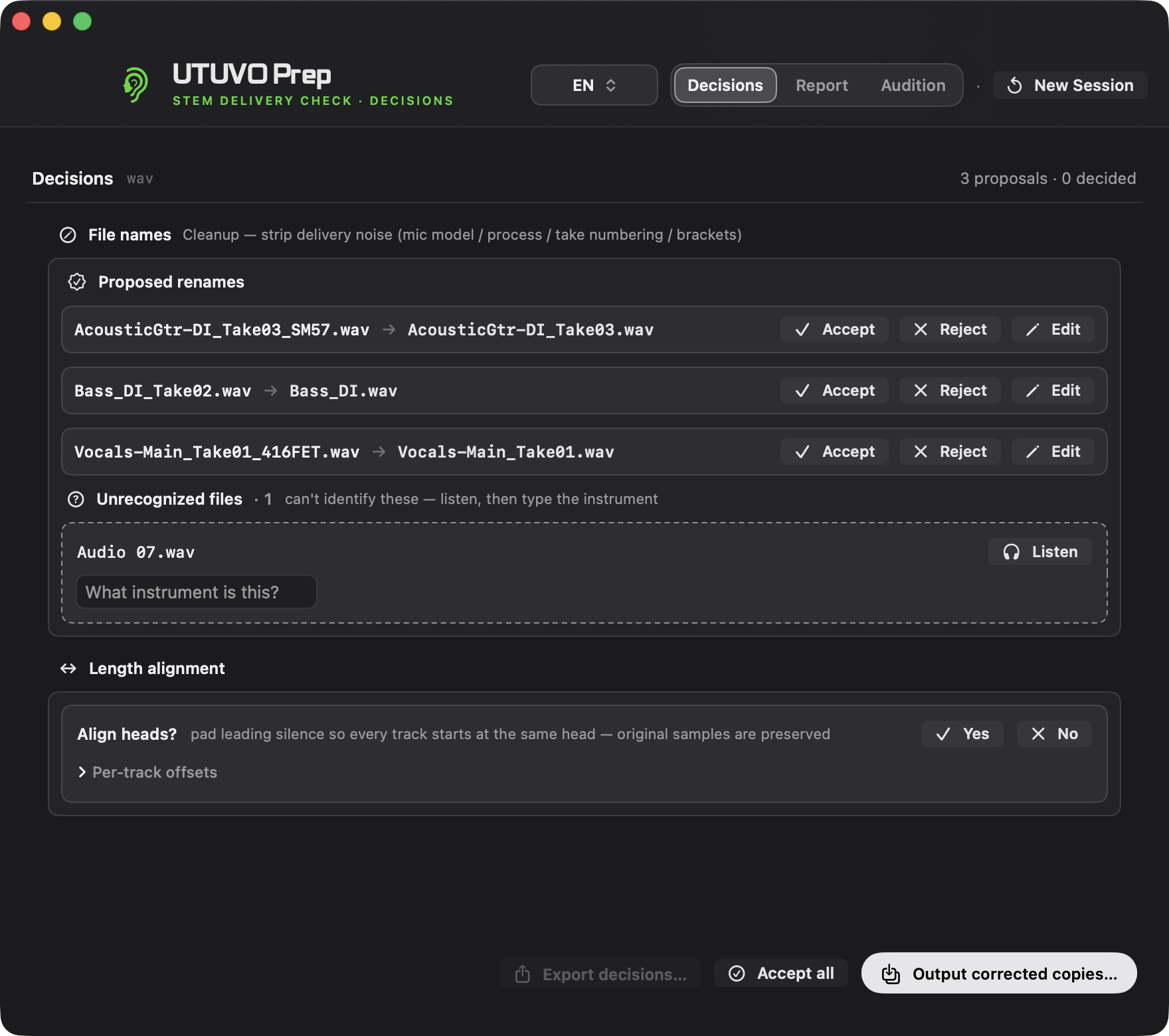 UTUVO Prep light interface showing three rename proposals with Accept, Reject and Edit