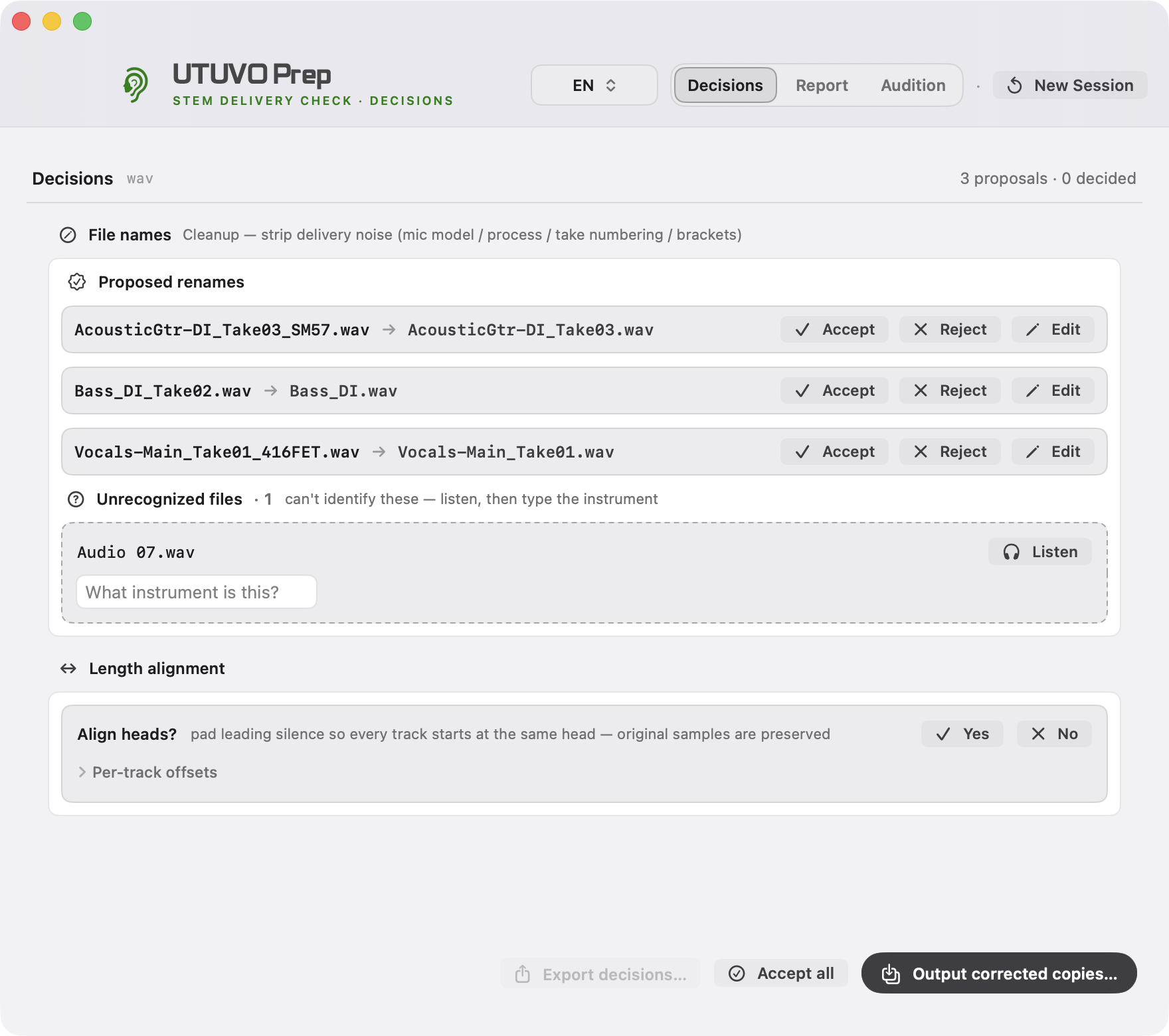 UTUVO Prep light interface showing three rename proposals with Accept, Reject and Edit