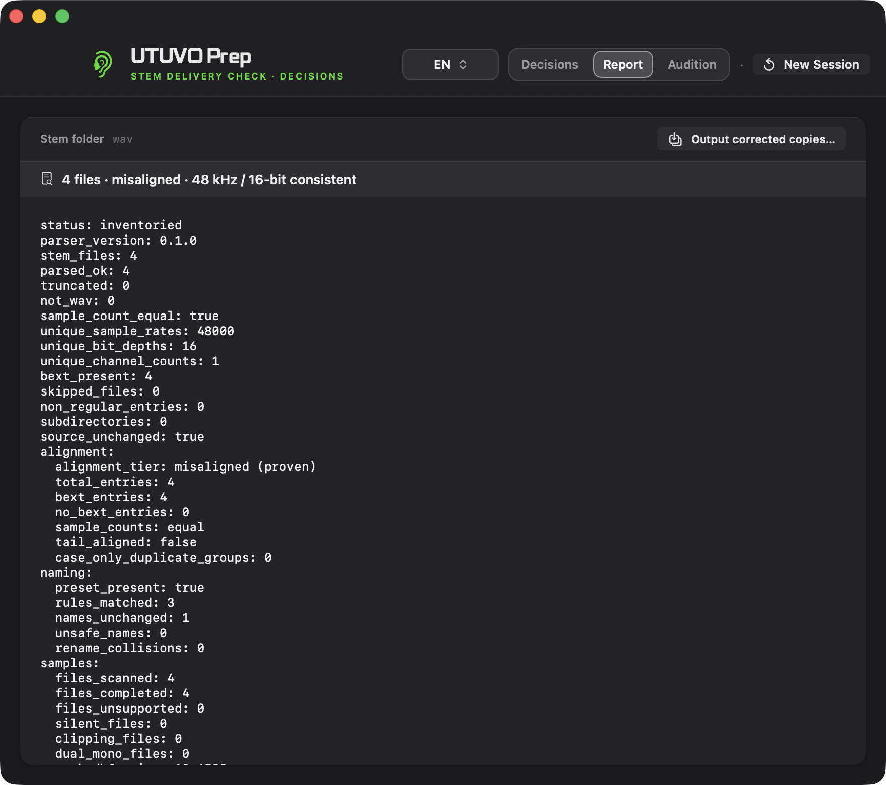 UTUVO Prep light interface showing an audio delivery report with alignment verdict