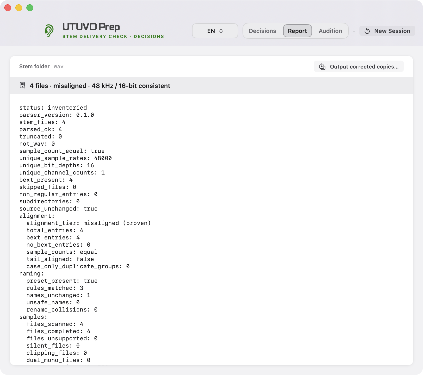 UTUVO Prep light interface showing an audio delivery report with alignment verdict
