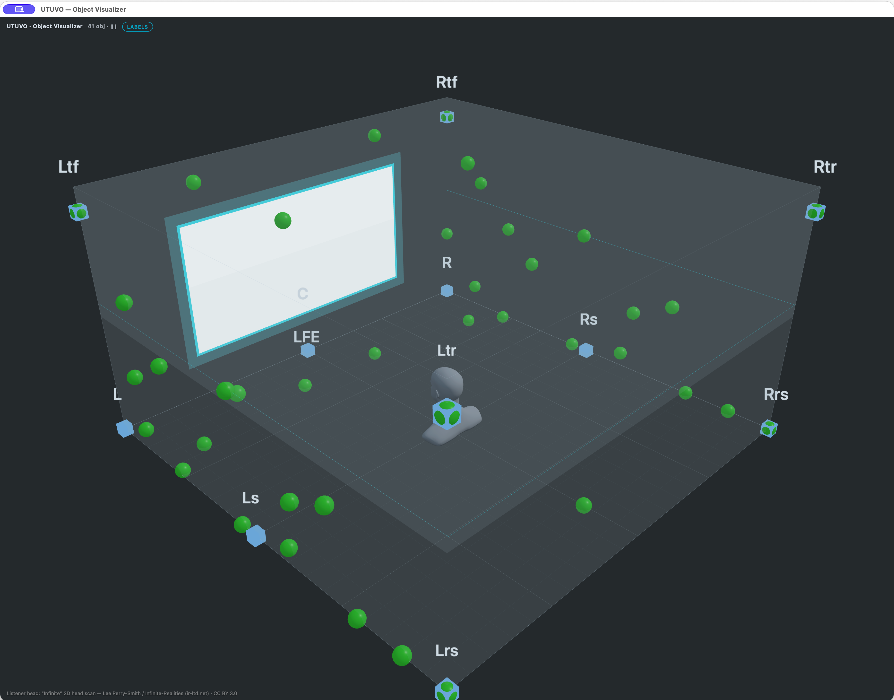 41 の Atmos object を表示する 3D Object Visualizer ウィンドウ