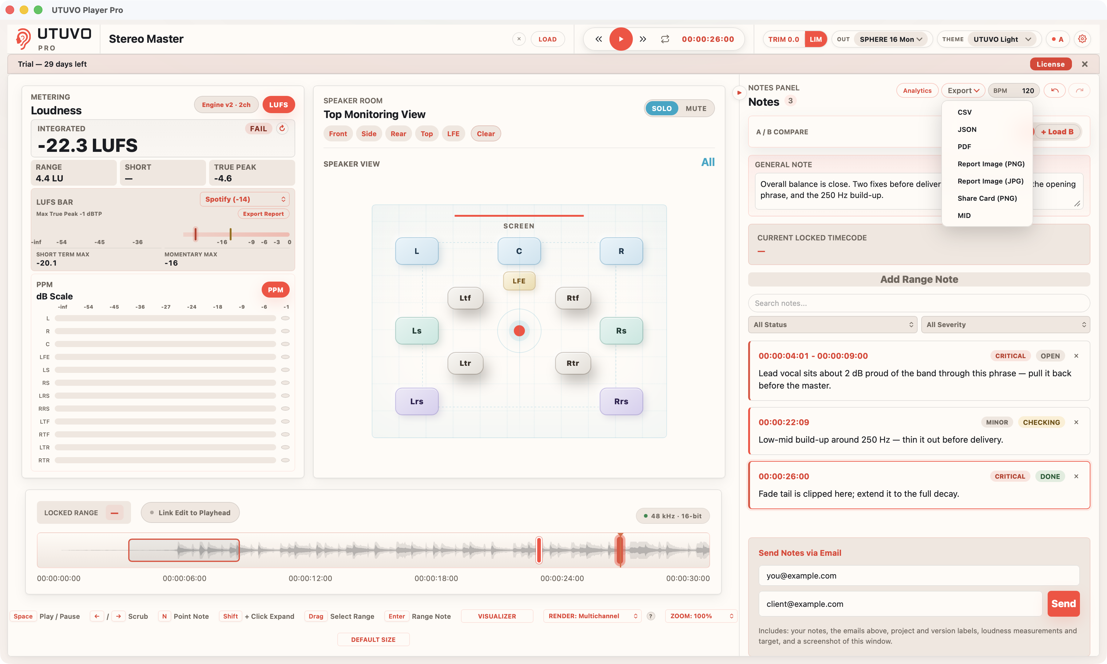 CSV、JSON、PDF、画像、MID 形式を表示した Player Pro の Export メニュー
