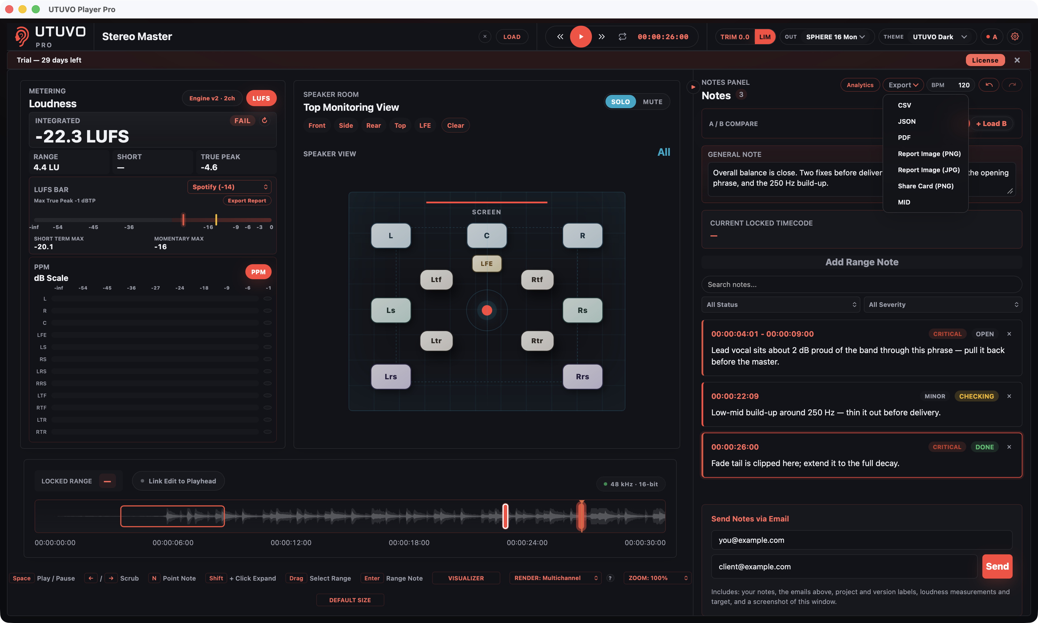 CSV、JSON、PDF、画像、MID 形式を表示した Player Pro の Export メニュー