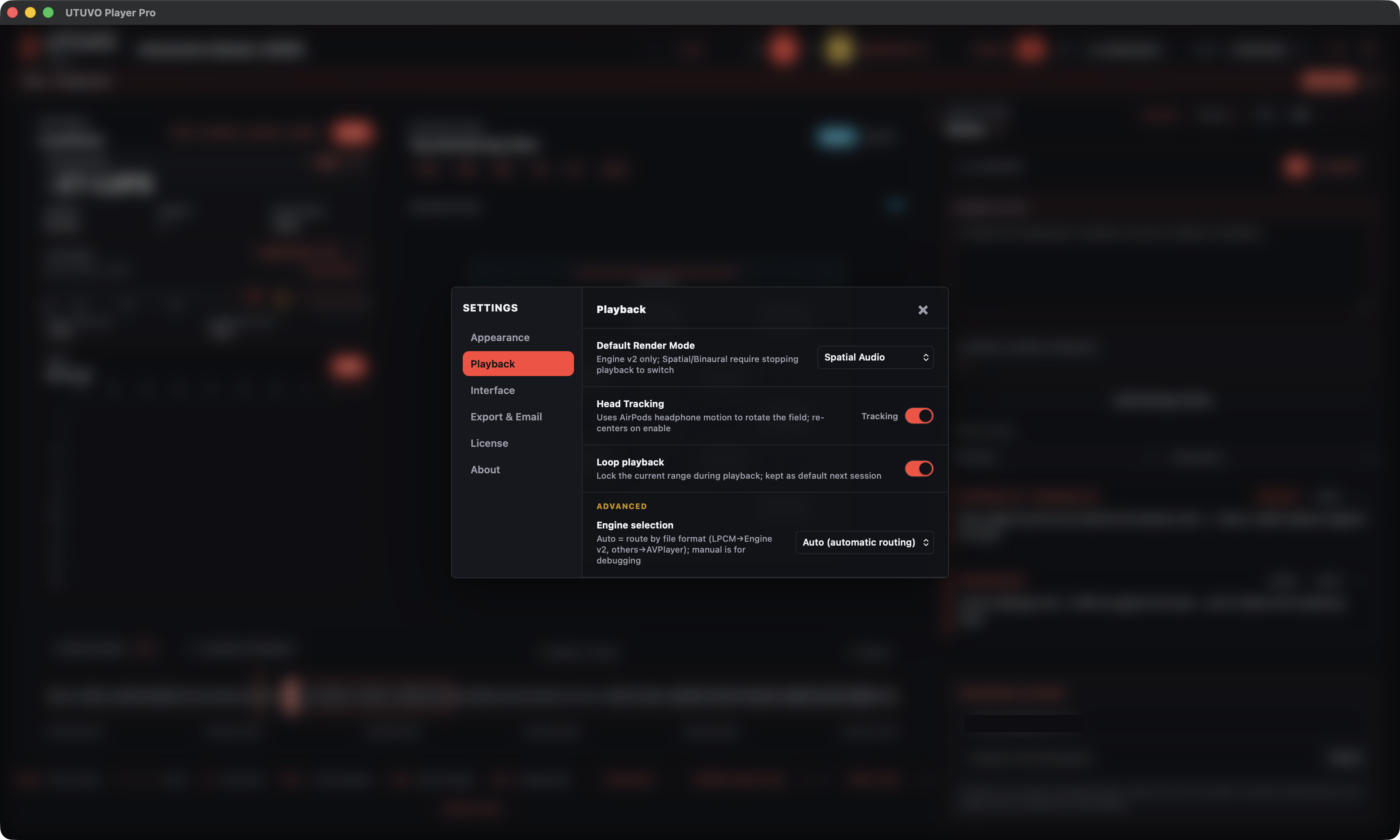 Spatial Audio が有効で、Head Tracking が Tracking と表示された Player Pro の Playback 設定