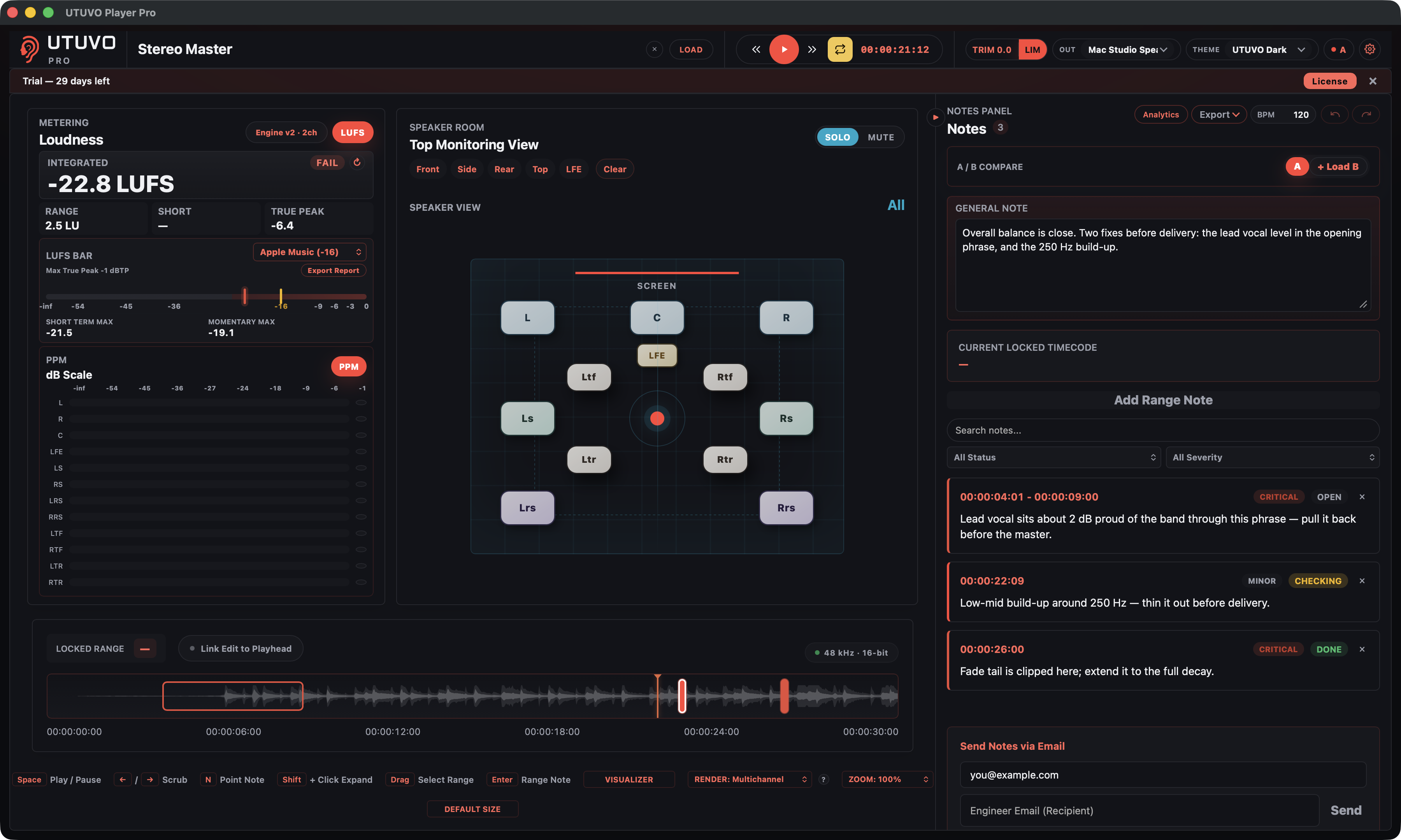 Dark テーマの Player Pro で 2 チャンネルマスター、Integrated LUFS、Apple Music ターゲット、保持されたメモを表示