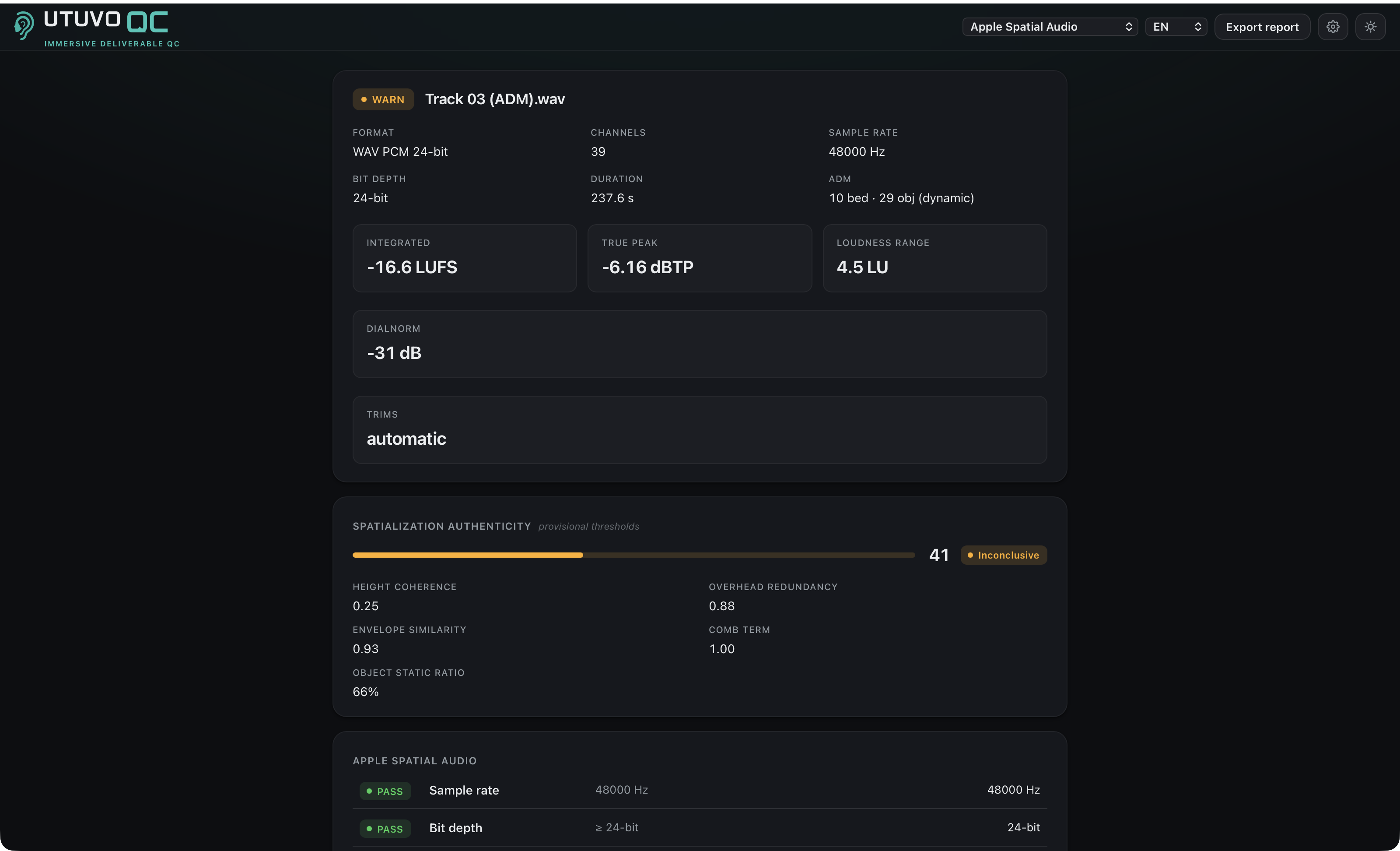 UTUVO QC light interface showing delivery preflight report and checks