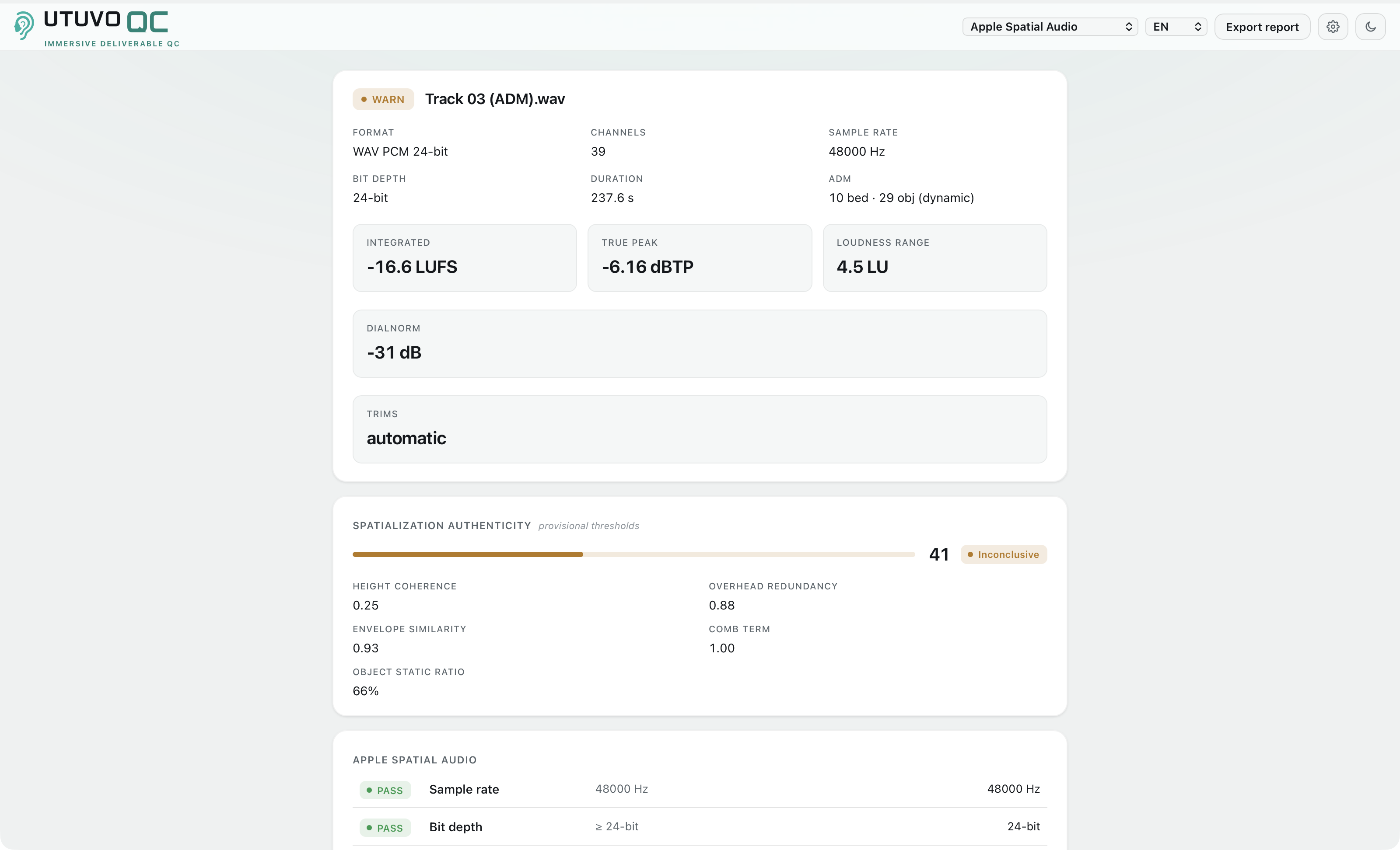 UTUVO QC light interface showing delivery preflight report and checks