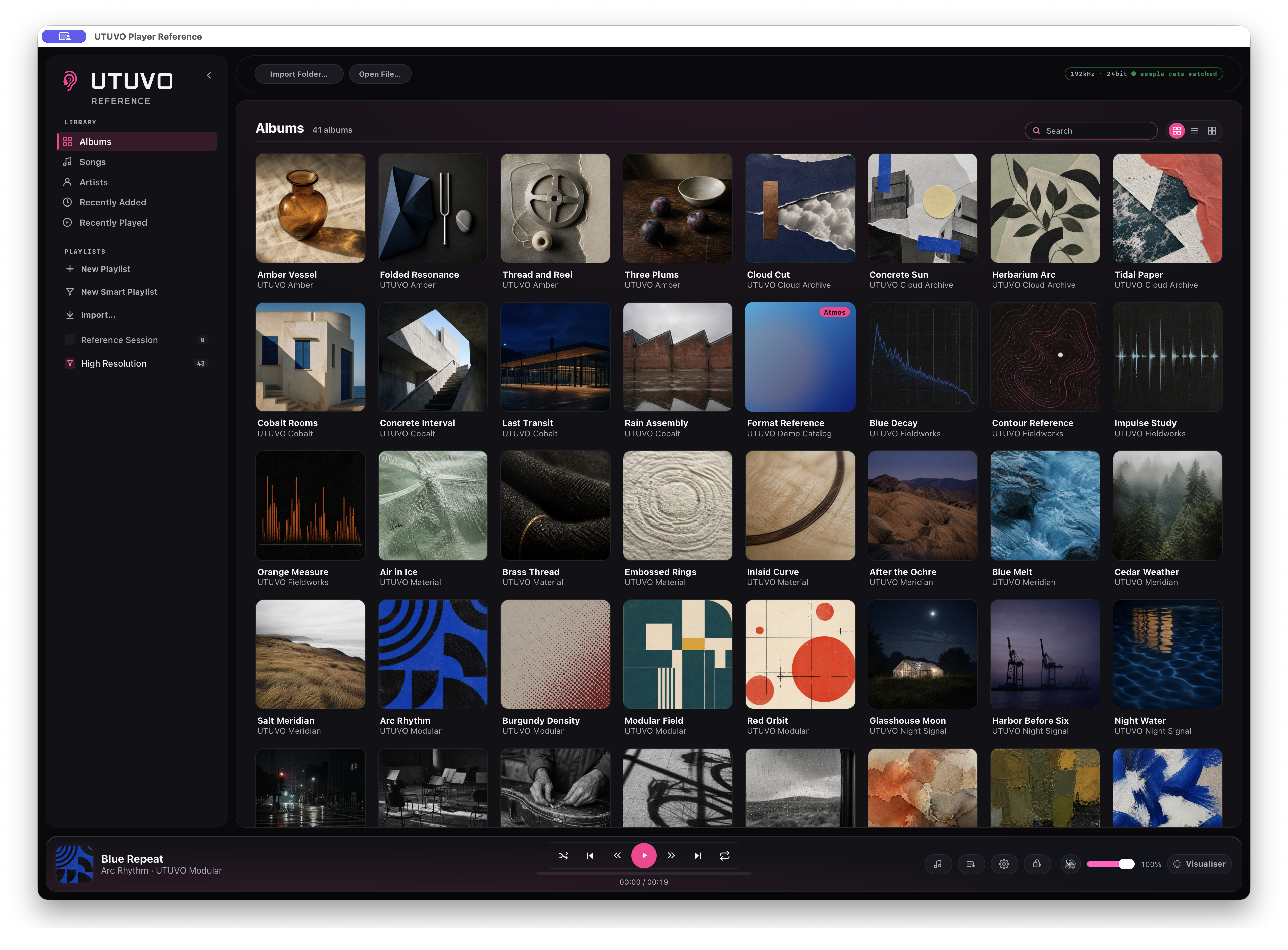 UTUVO Player Reference in UTUVO Dark showing a dense local library of 40 original fictional albums, two playlists and the current playback route.
