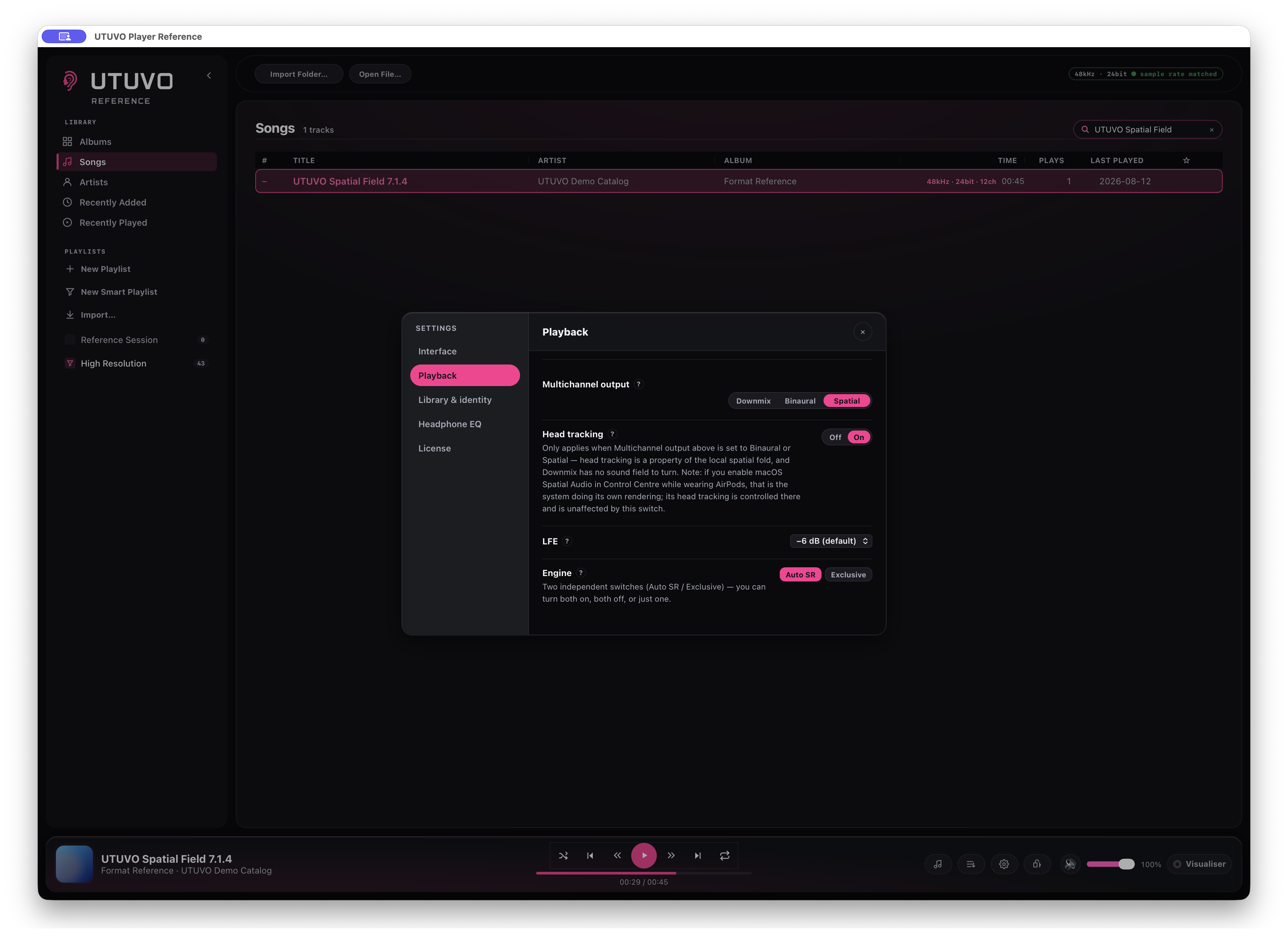 Playback settings in UTUVO Player Reference showing Downmix, Binaural and Spatial, Head tracking, LFE gain, Auto Sample Rate and Exclusive.
