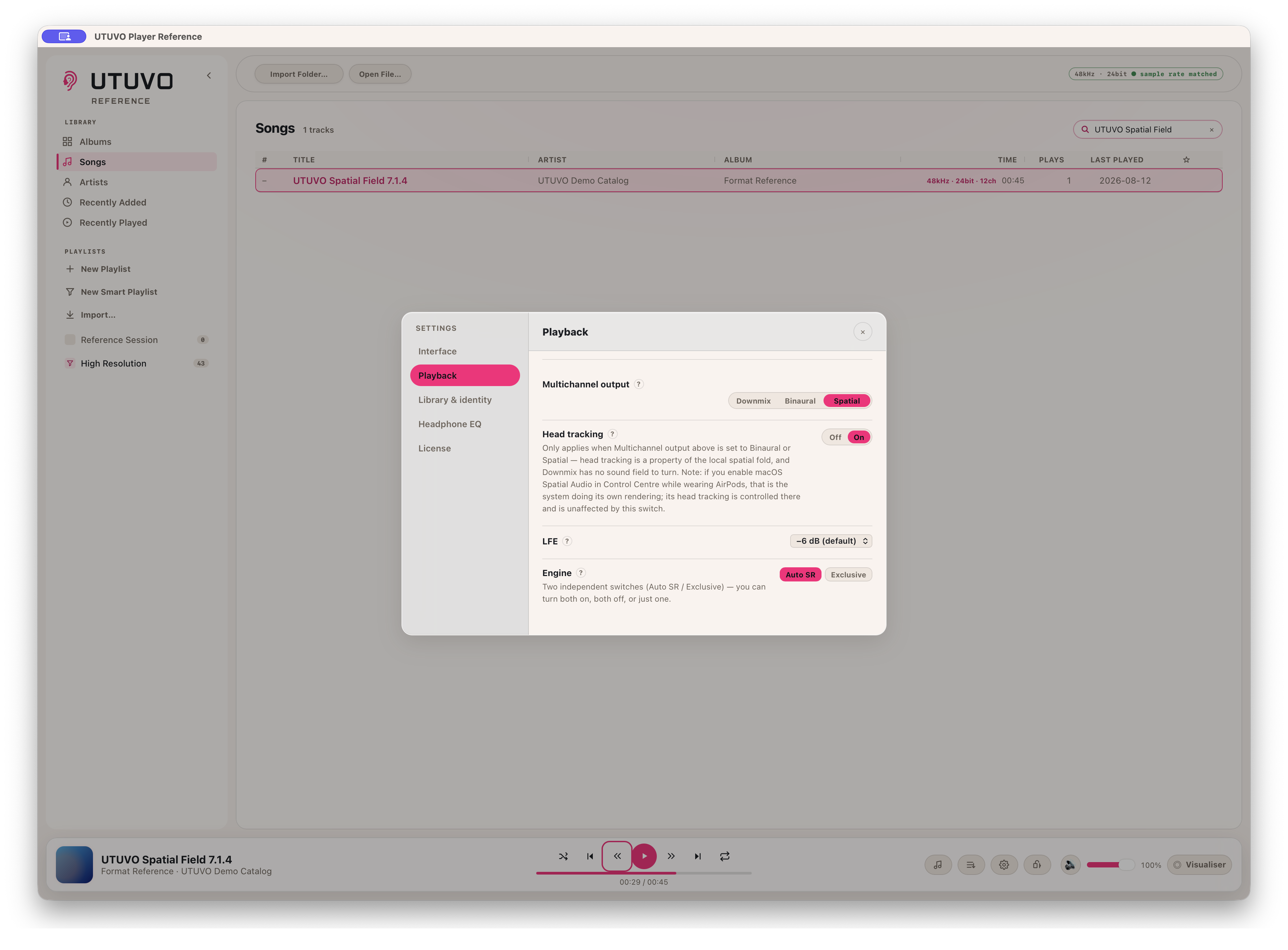 Playback settings in UTUVO Player Reference showing Downmix, Binaural and Spatial, Head tracking, LFE gain, Auto Sample Rate and Exclusive.