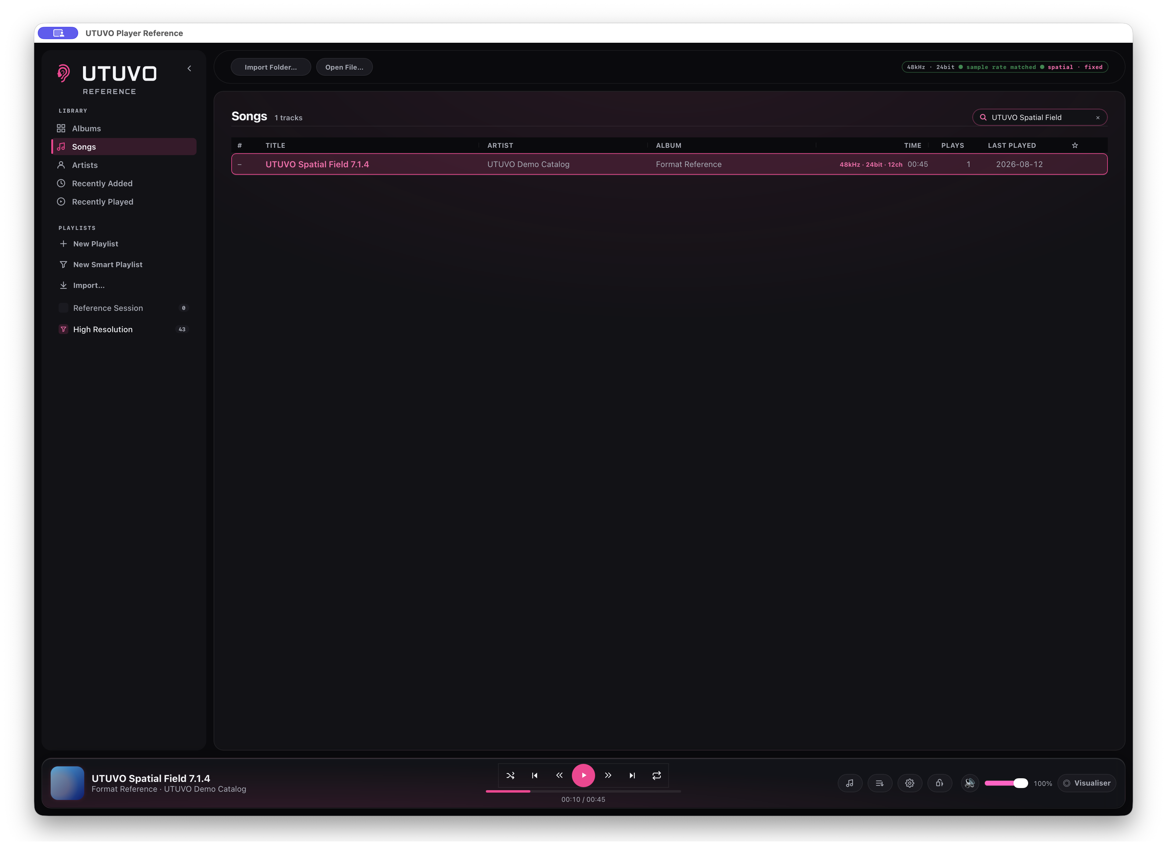 A real 12-channel UTUVO demo master selected in a dense 83-track library with the status reading spatial fixed.