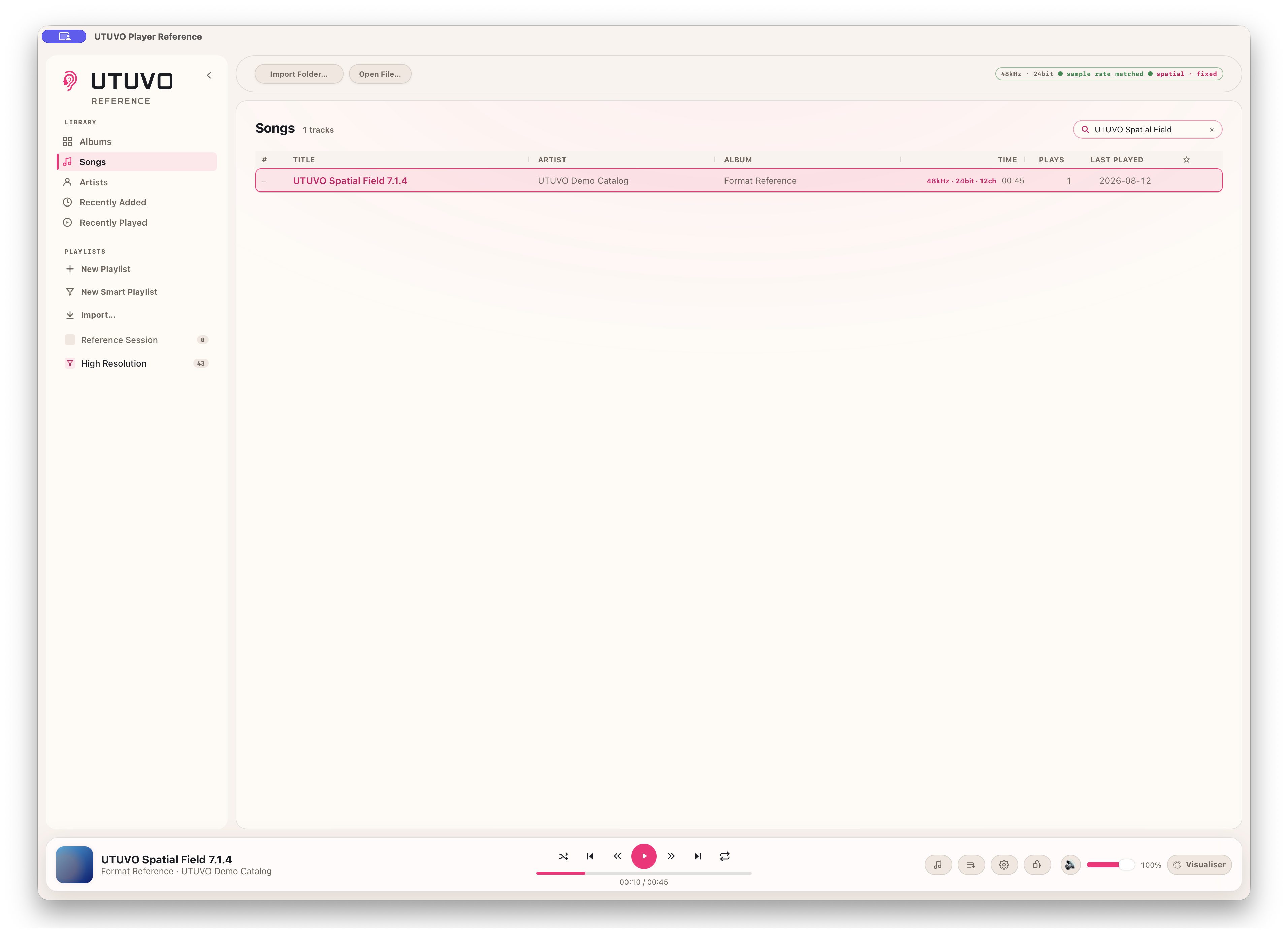 A real 12-channel UTUVO demo master selected in a dense 83-track library with the status reading spatial fixed.