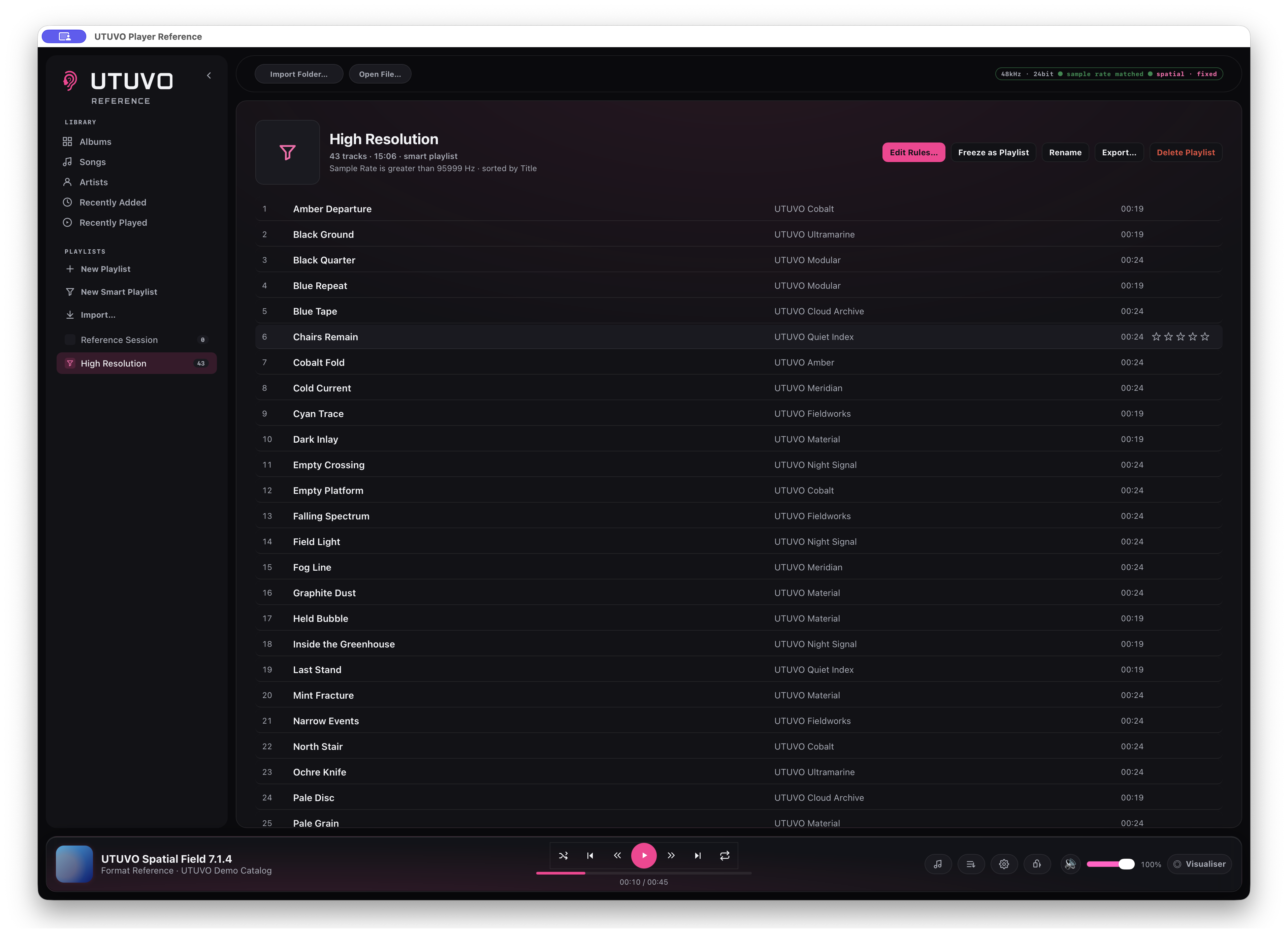 The High Resolution smart playlist in UTUVO Player Reference showing its live sample-rate rule, 43 matching tracks, edit controls and the surrounding library navigation.