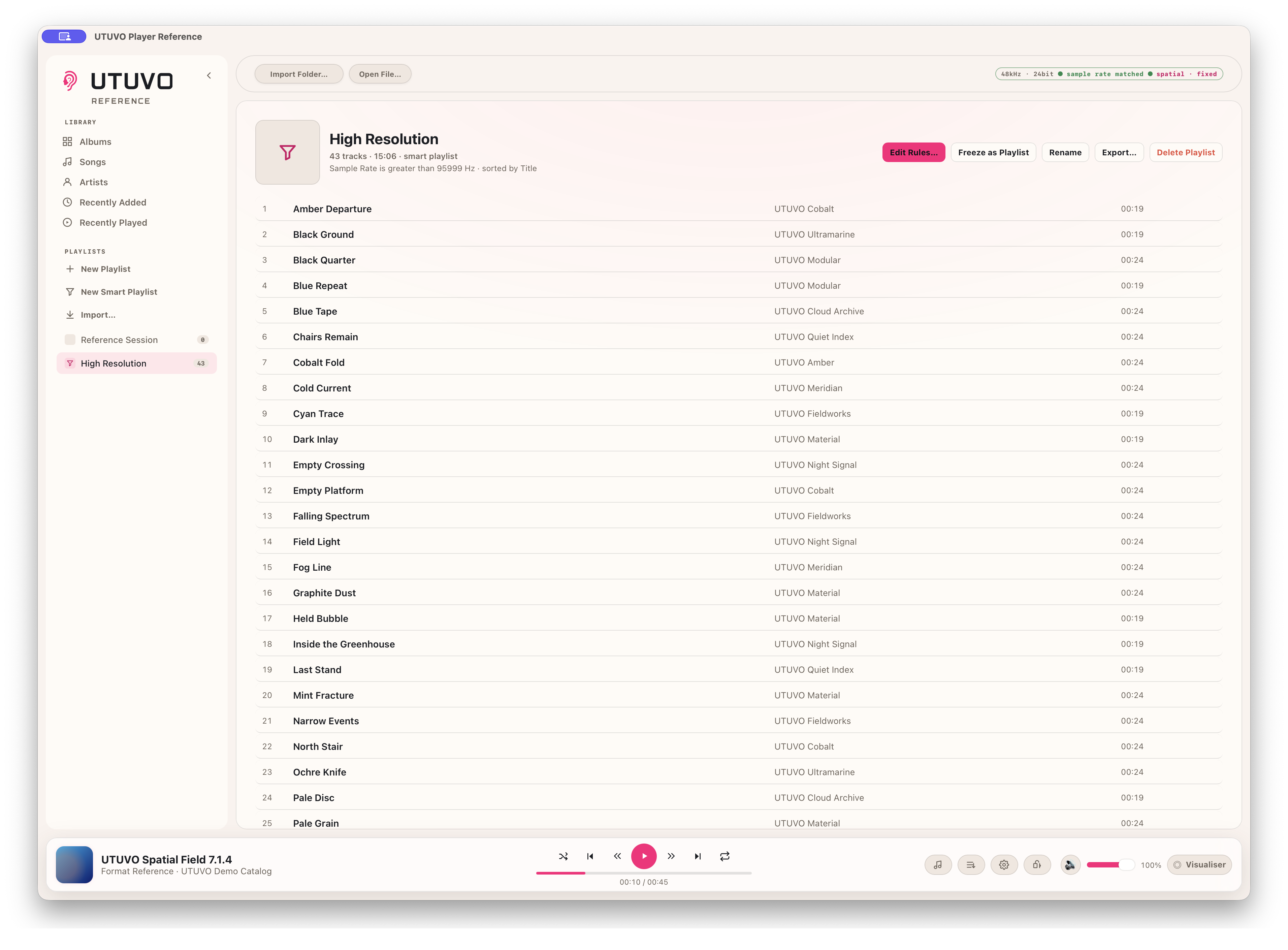 The High Resolution smart playlist in UTUVO Player Reference showing its live sample-rate rule, 43 matching tracks, edit controls and the surrounding library navigation.