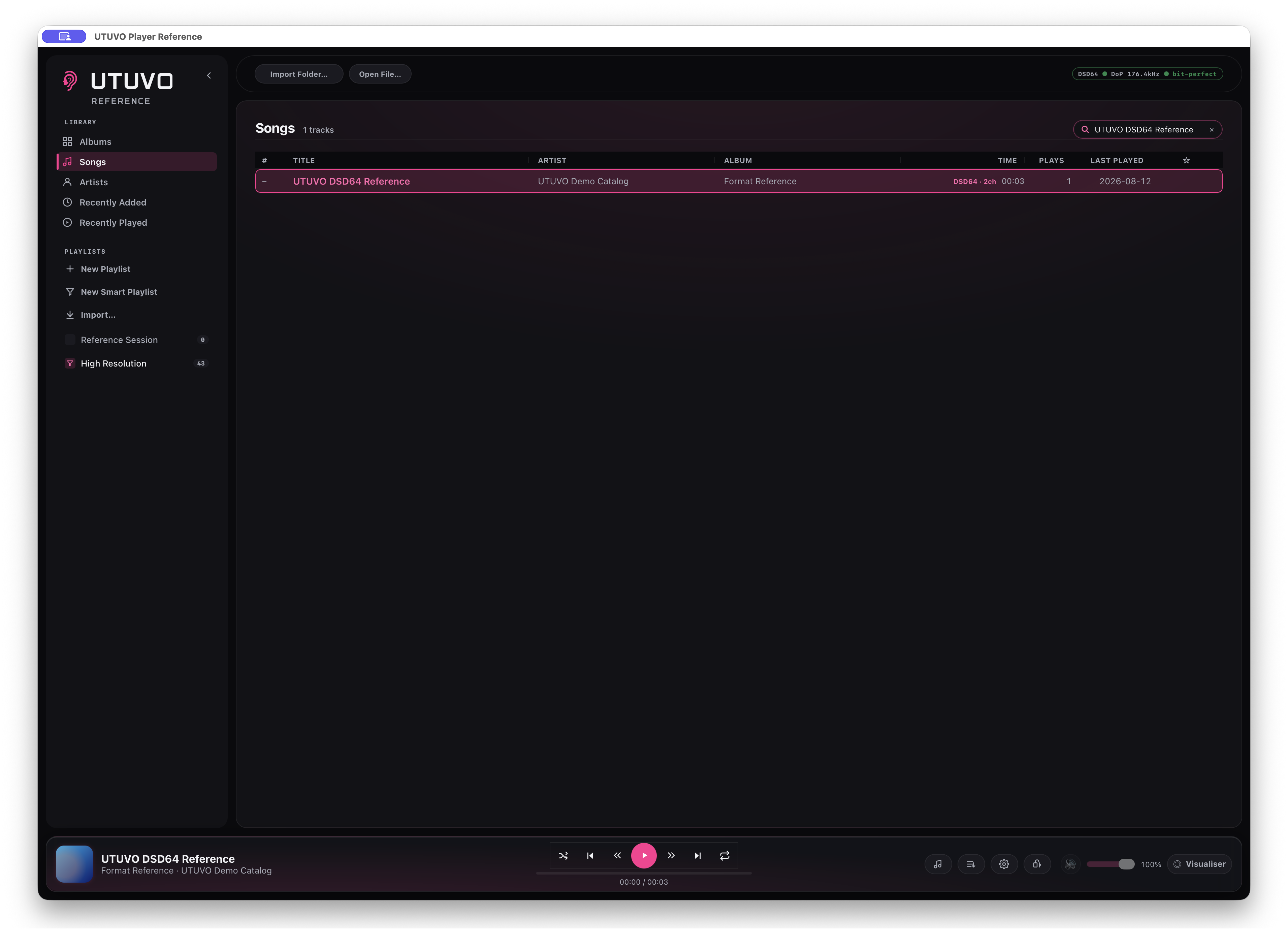 UTUVO Player Reference playing a fictional DSD64 file to a compatible DAC with DSD64, DoP 176.4 kHz and bit-perfect in the status badge.