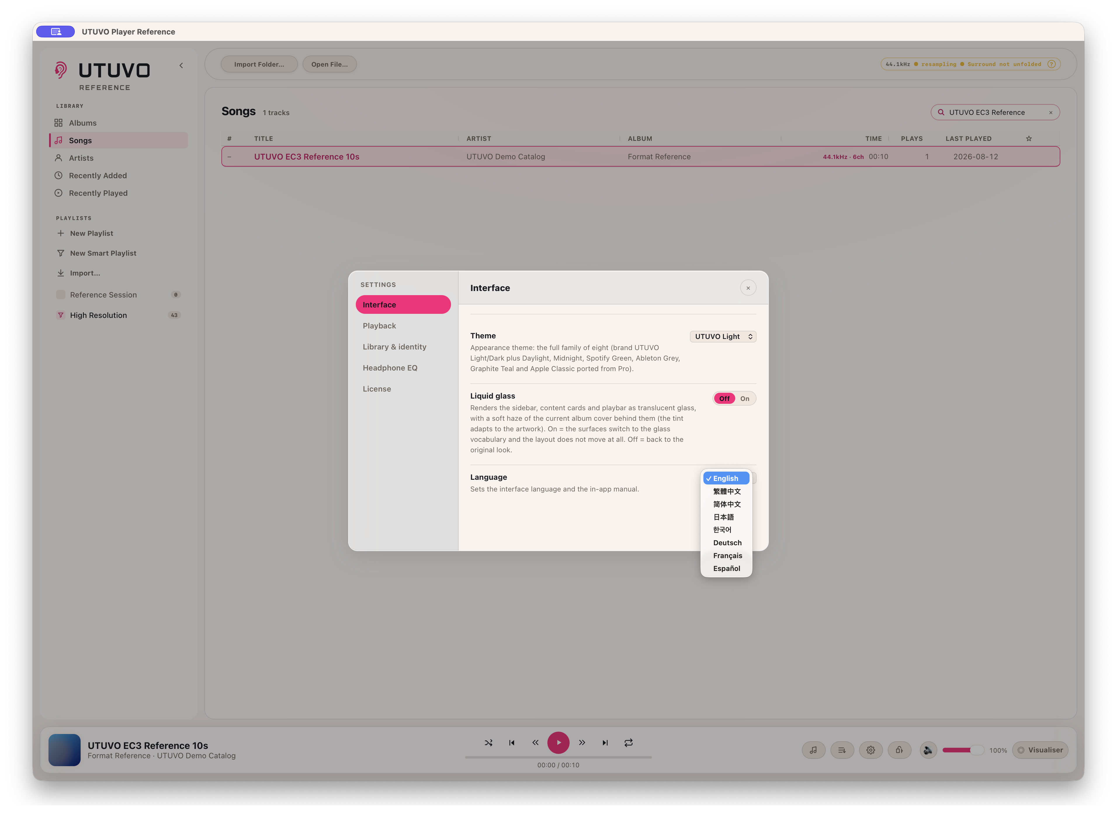 The Interface settings of UTUVO Player Reference with the full eight-language menu open.