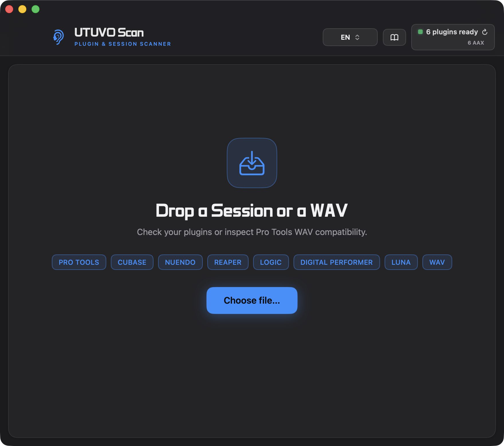 UTUVO Scan light interface showing the session and WAV drop zone
