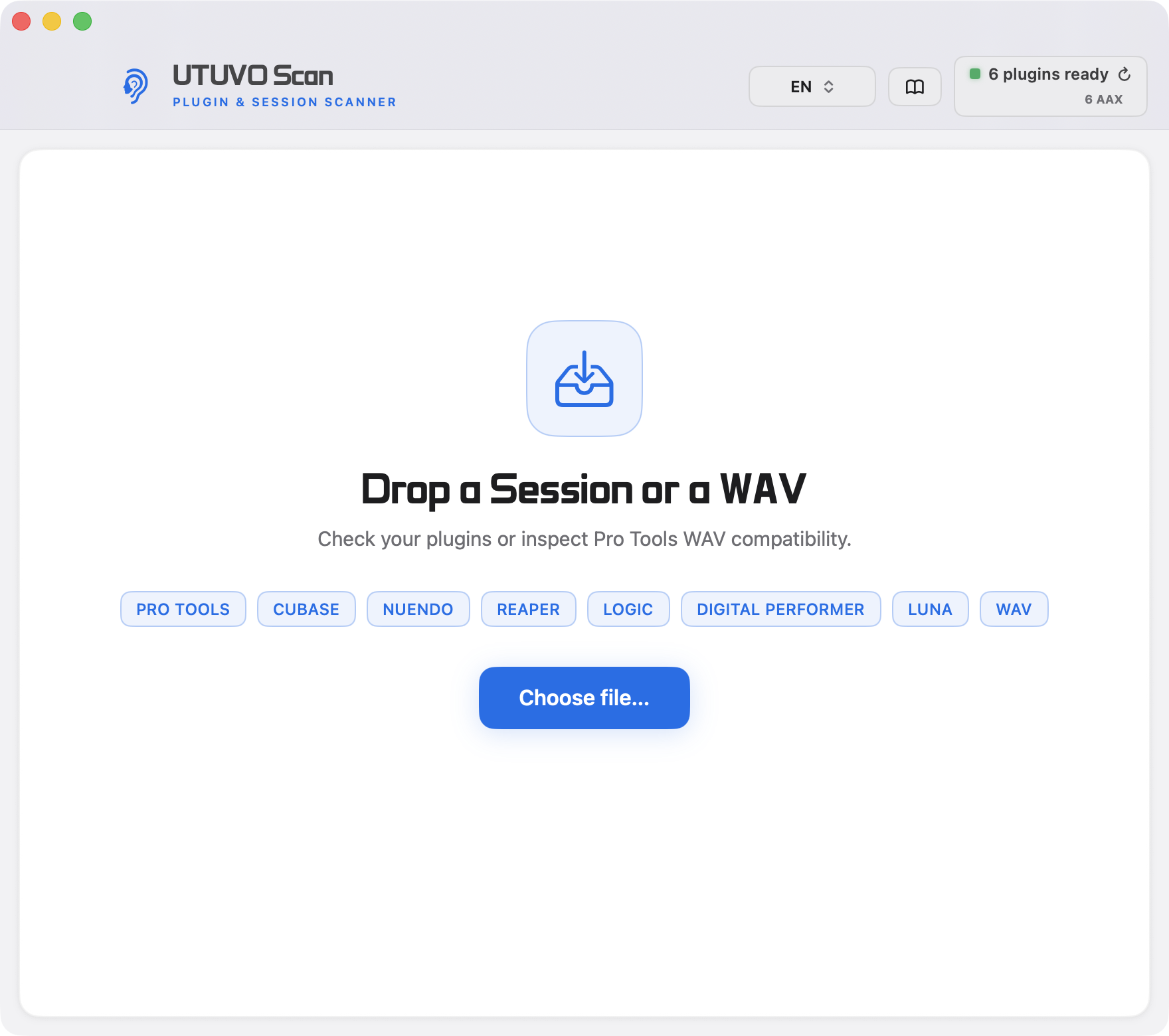 UTUVO Scan light interface showing the session and WAV drop zone