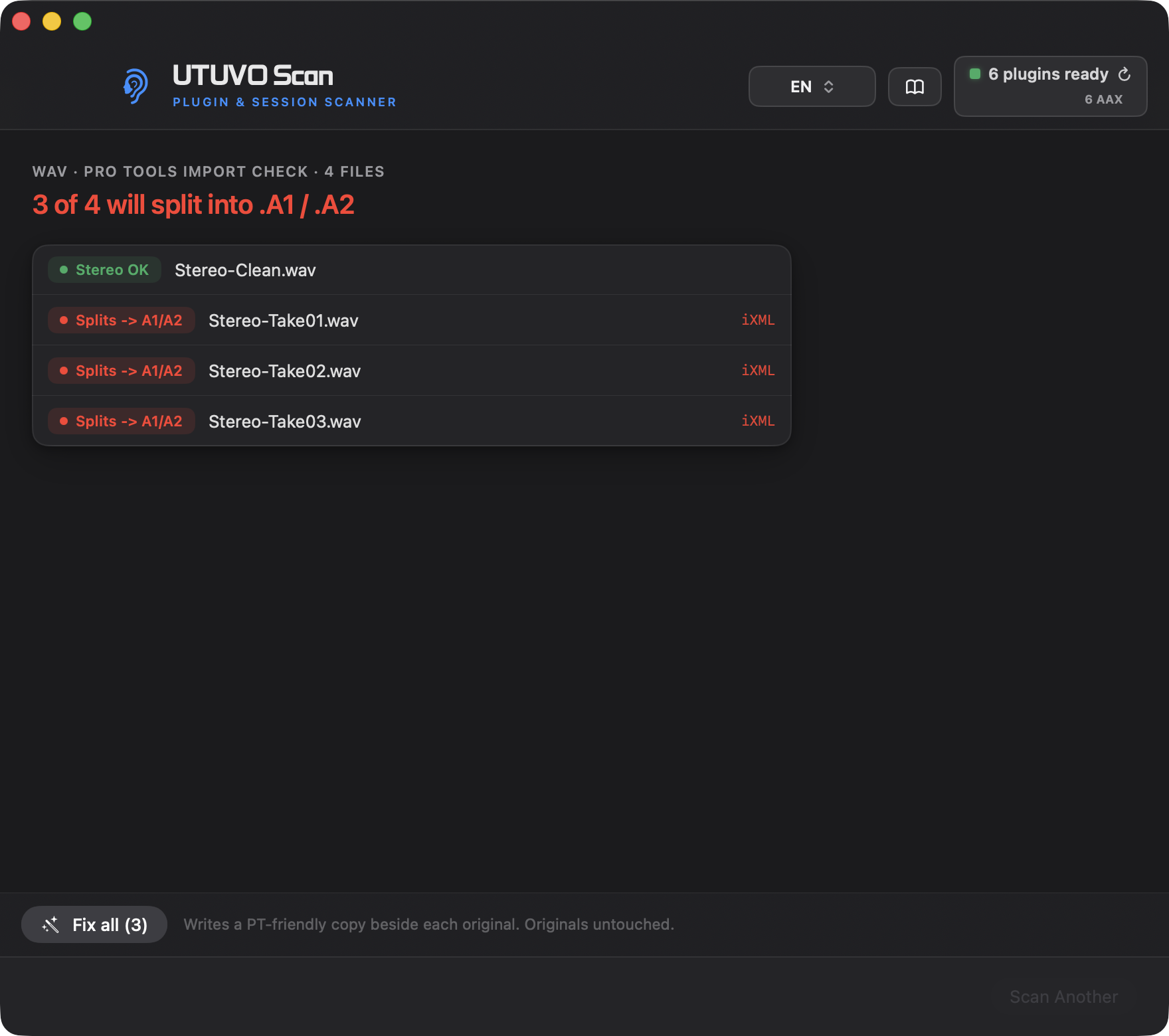 UTUVO Scan light interface showing a batch WAV check with Fix all