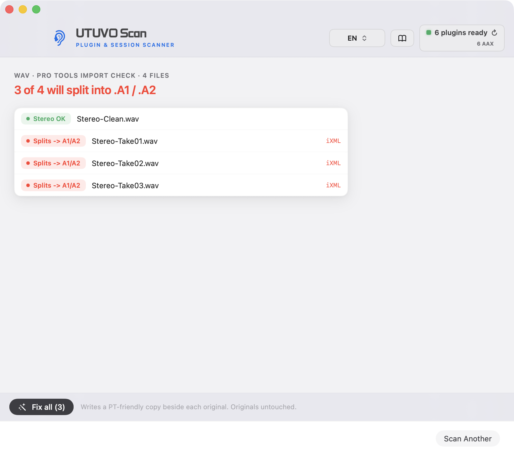 UTUVO Scan light interface showing a batch WAV check with Fix all