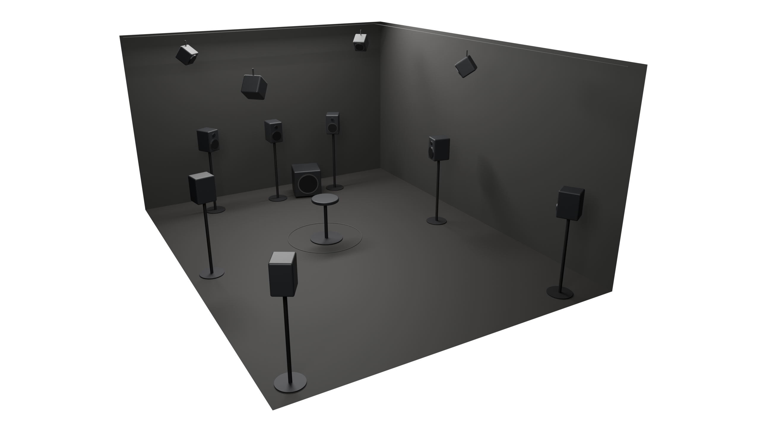 A 7.1.4 Dolby Atmos listening room: seven ear-level speakers, a subwoofer and four overhead speakers, all aimed at the mix position.