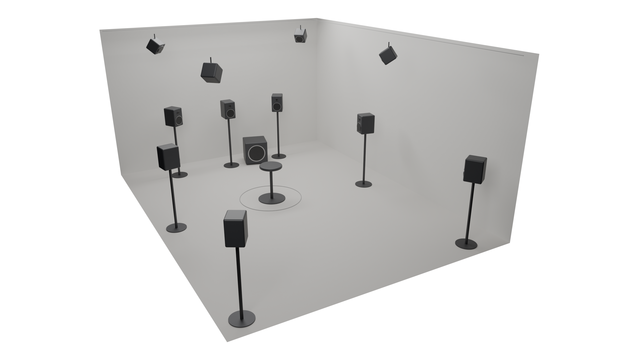 A 7.1.4 Dolby Atmos listening room: seven ear-level speakers, a subwoofer and four overhead speakers, all aimed at the mix position.